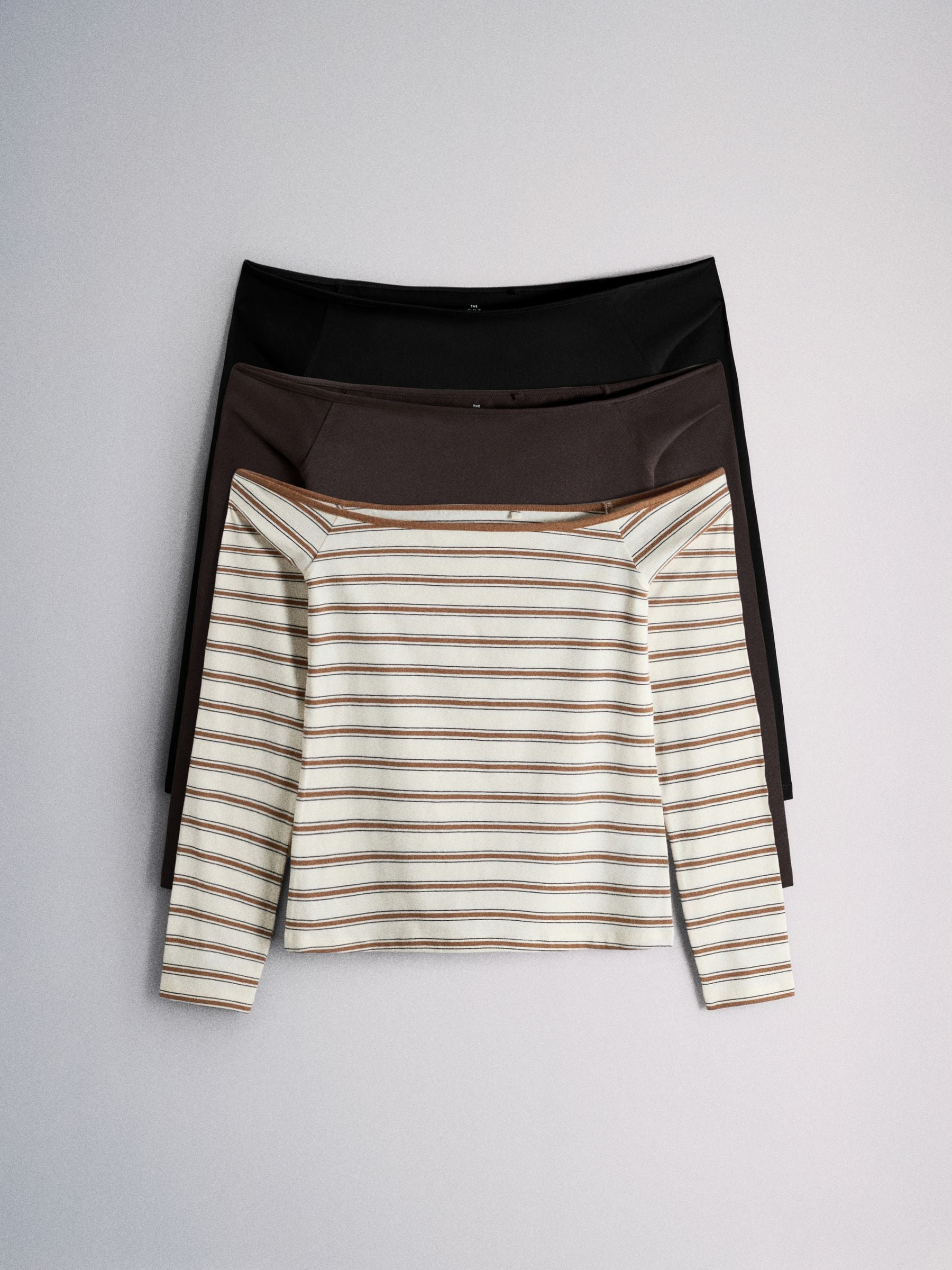 The Set 3 Pack Bardot Off Shoulder Tops - Black/Brown/Cream Stripe - Regular - SIP Still Life