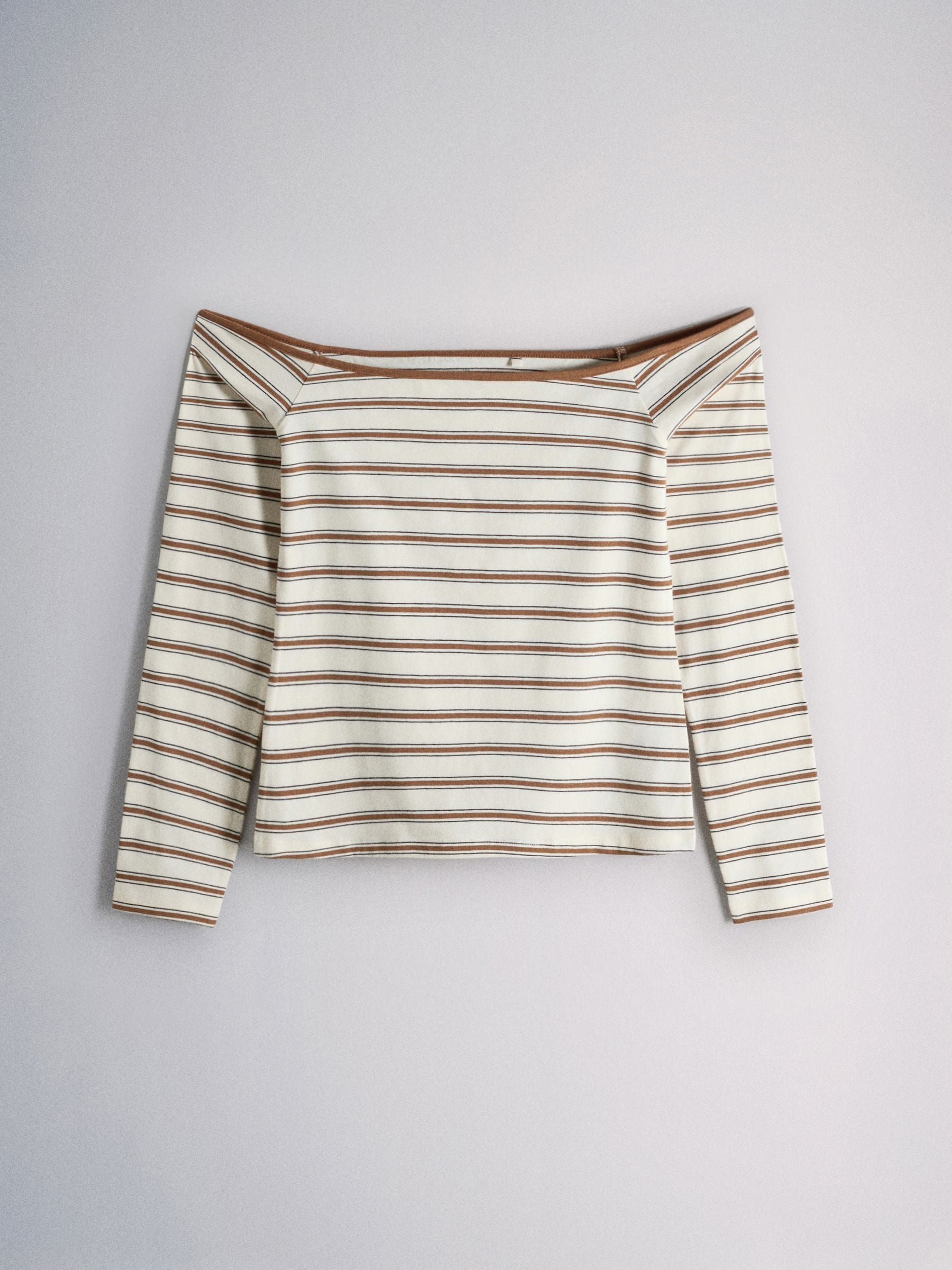 The Set 3 Pack Bardot Off Shoulder Tops - Black/Brown/Cream Stripe - Regular - SIP Still Life