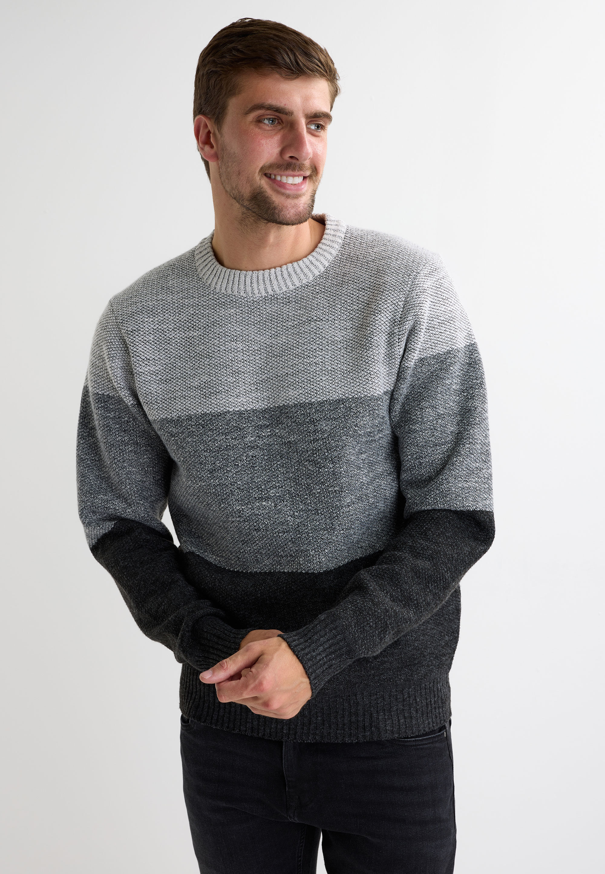 Mens Grey Stripe Colour Block Jumper
