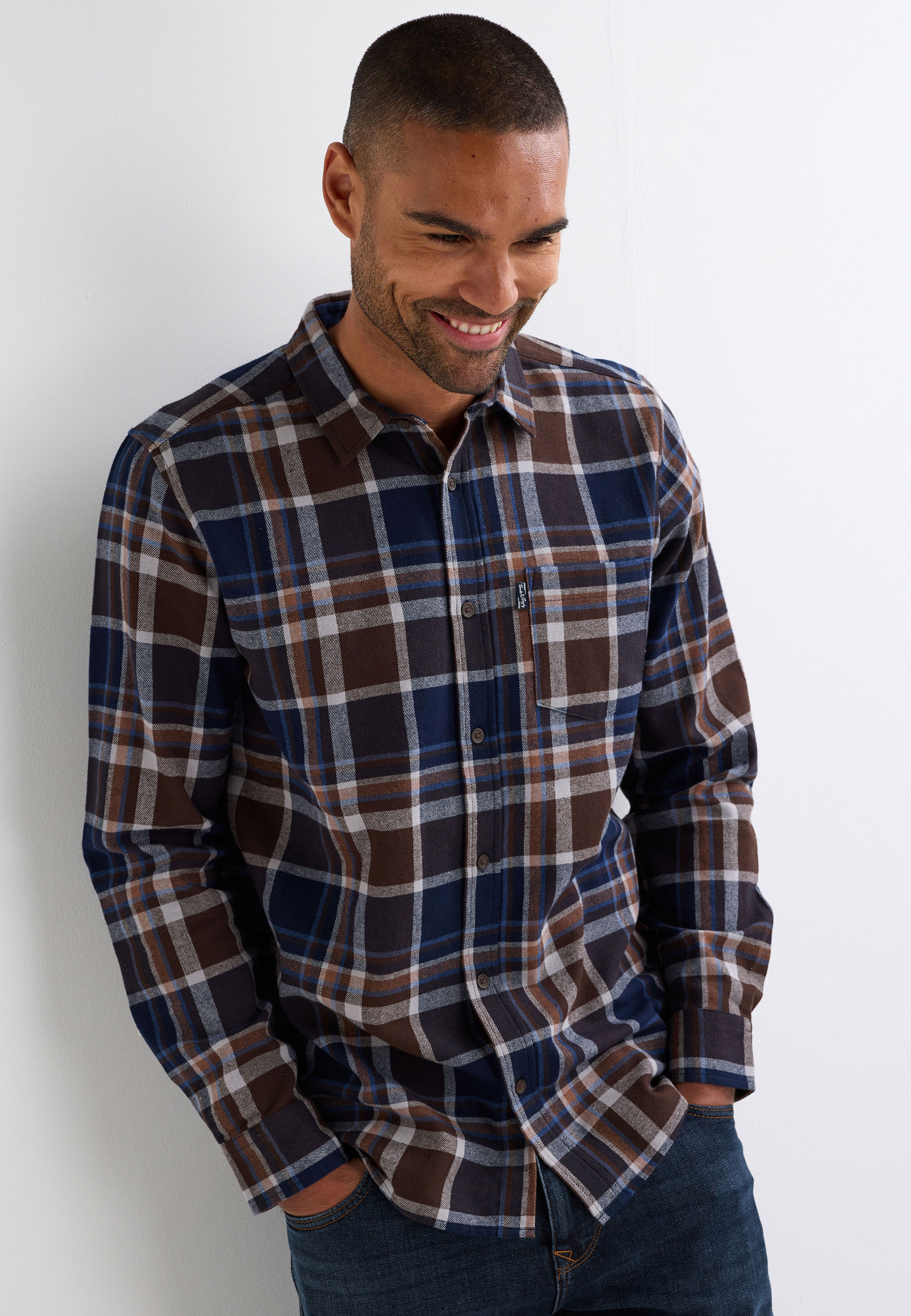 Mens Brown Check Flannel Long Sleeve Shirt