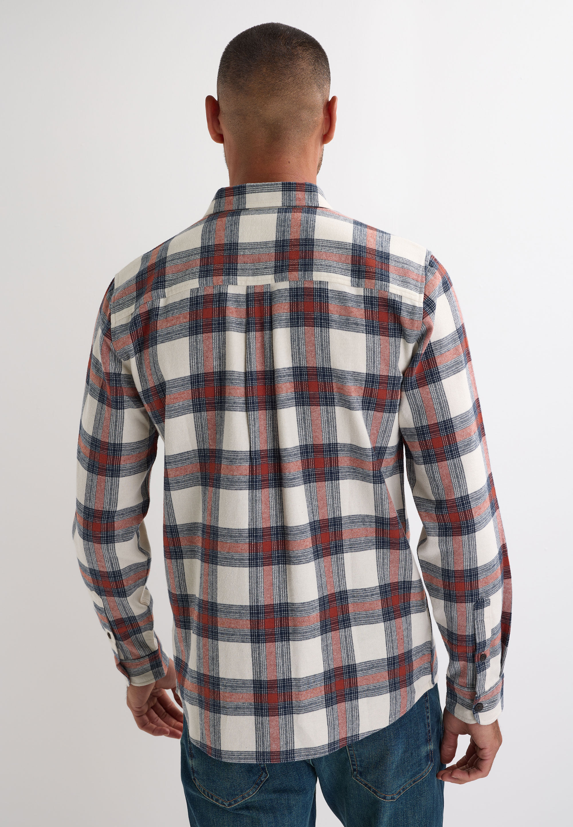 Mens Ecru Check Flannel Long Sleeve Shirt