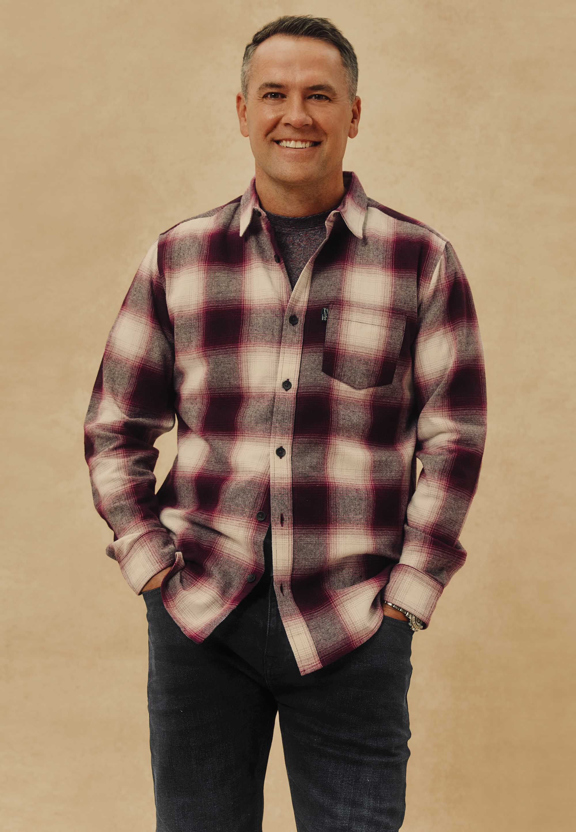 Mens Burgundy Check Flannel Long Sleeve Shirt