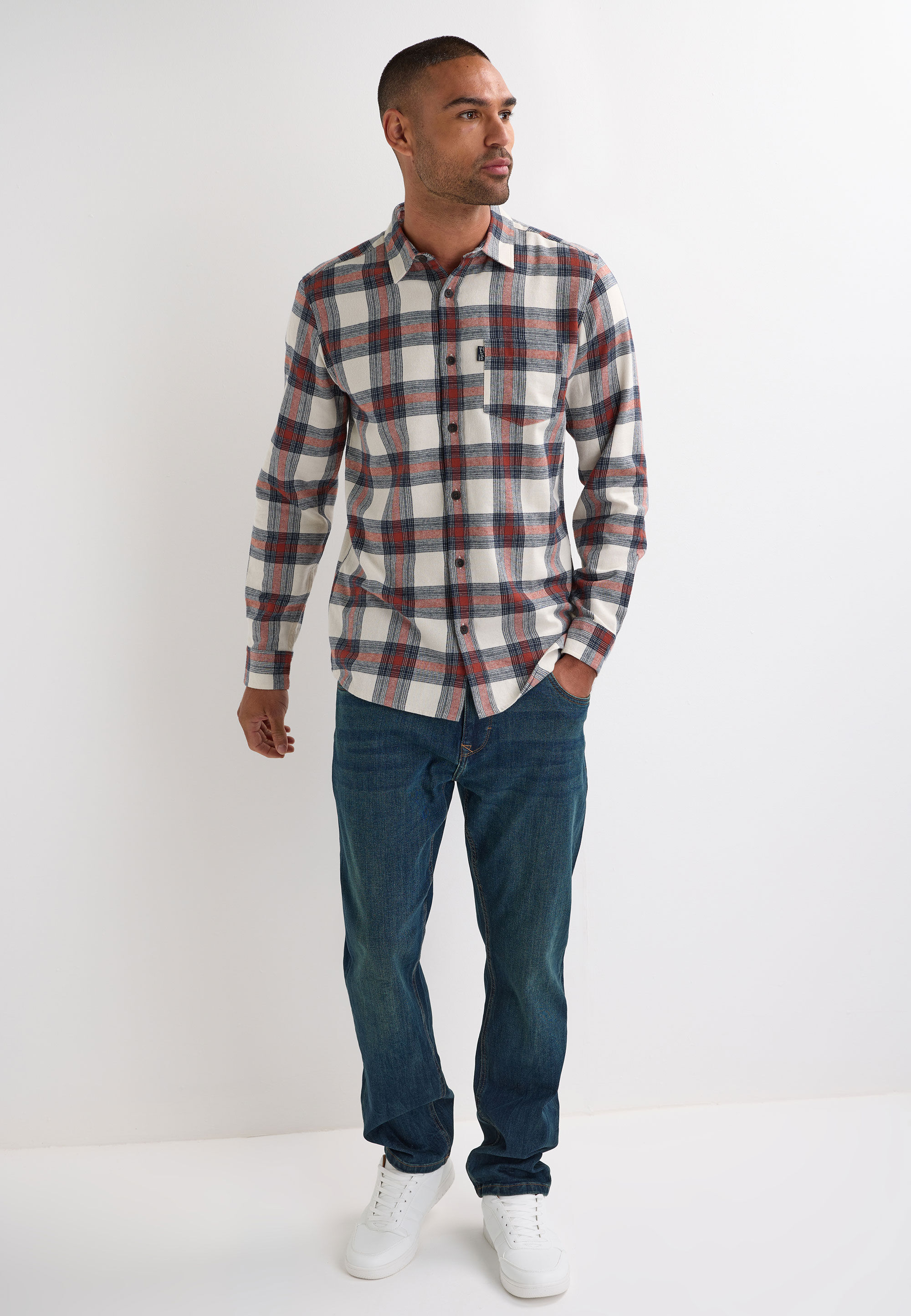 Mens Ecru Check Flannel Long Sleeve Shirt