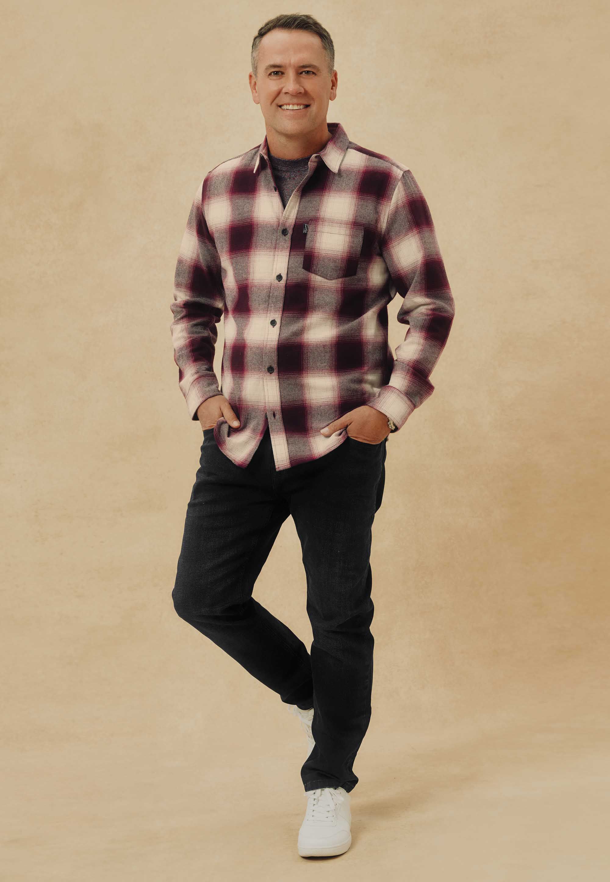 Mens Burgundy Check Flannel Long Sleeve Shirt