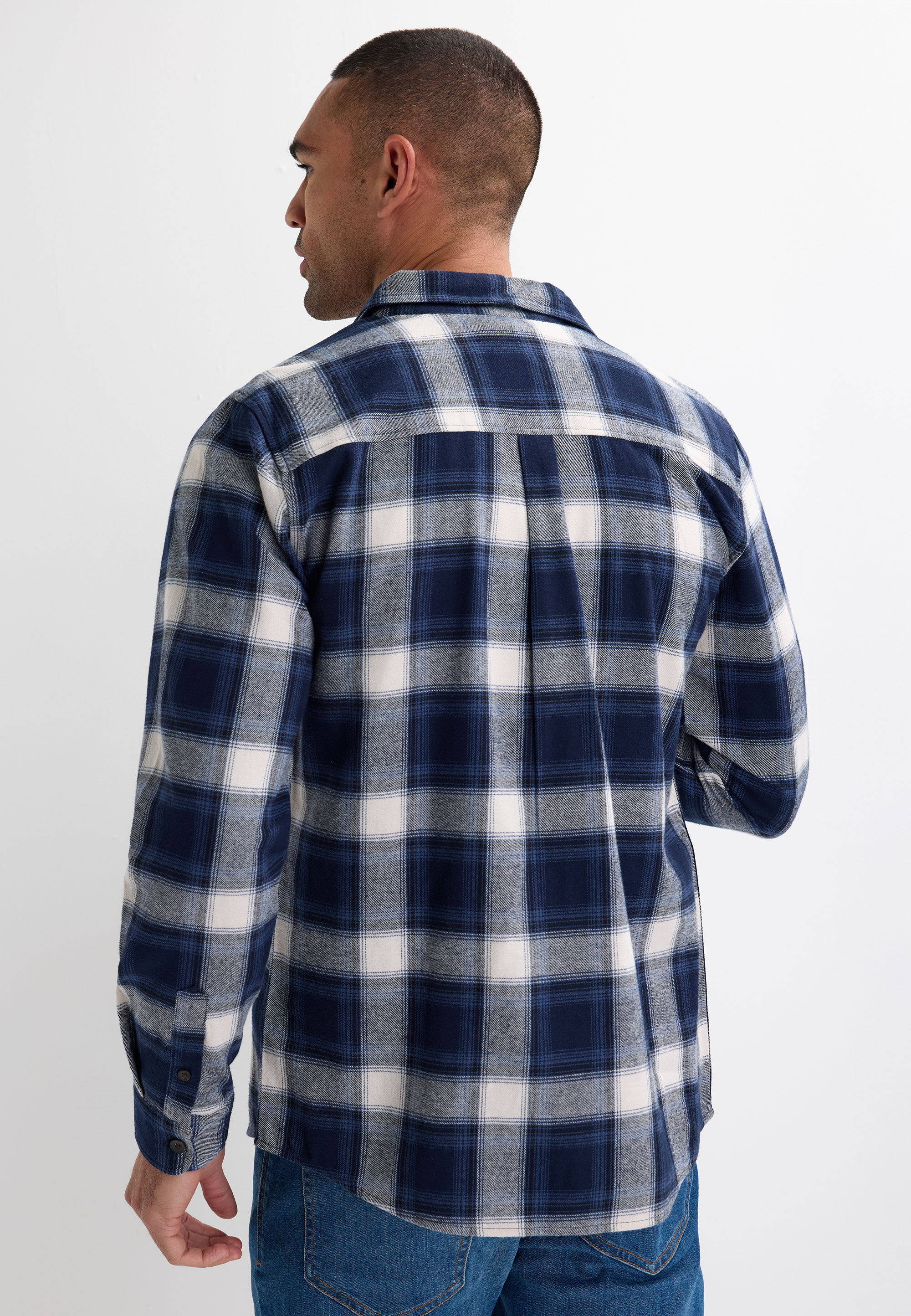 Mens Navy Check Flannel Long Sleeve Shirt