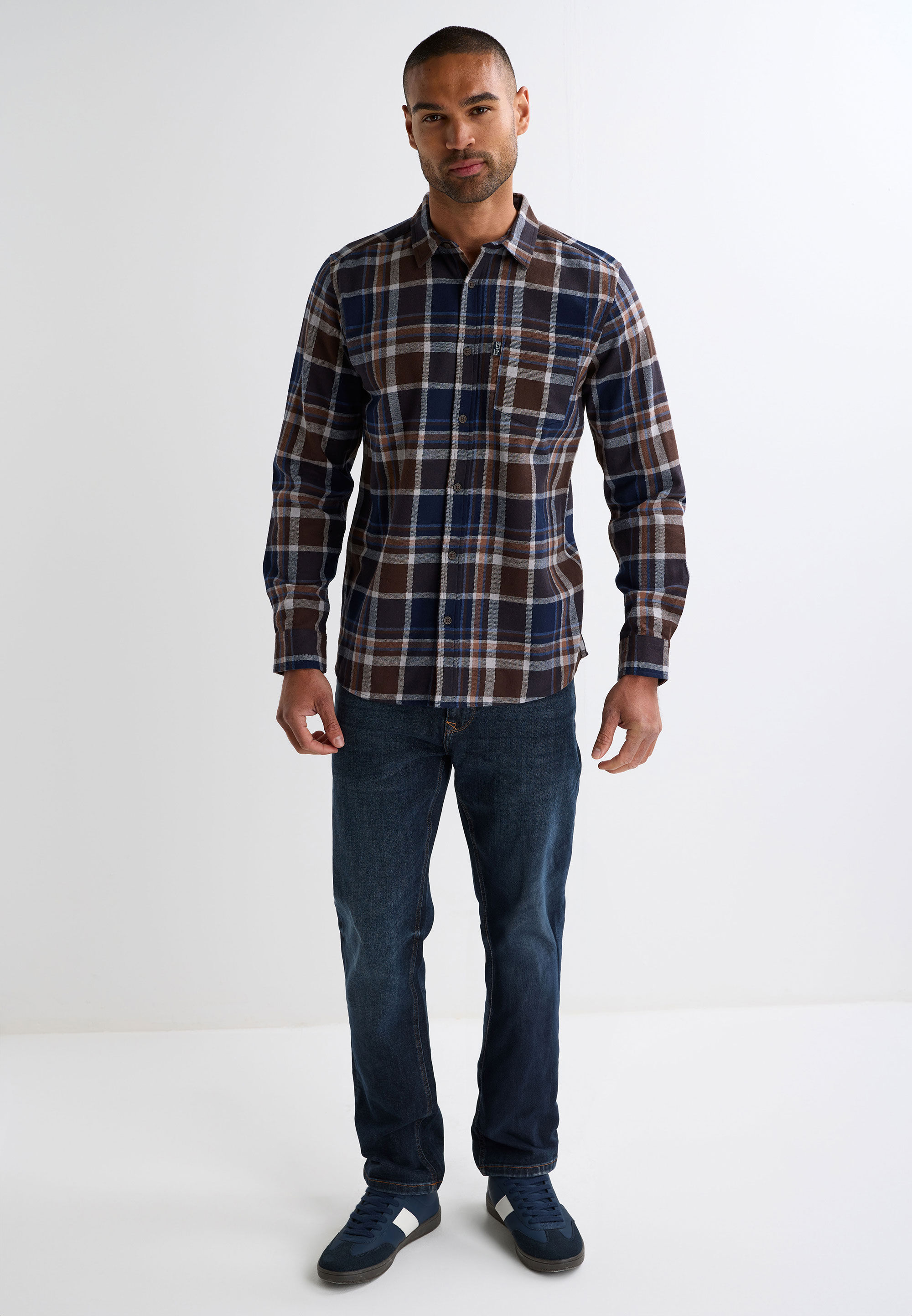 Mens Brown Check Flannel Long Sleeve Shirt