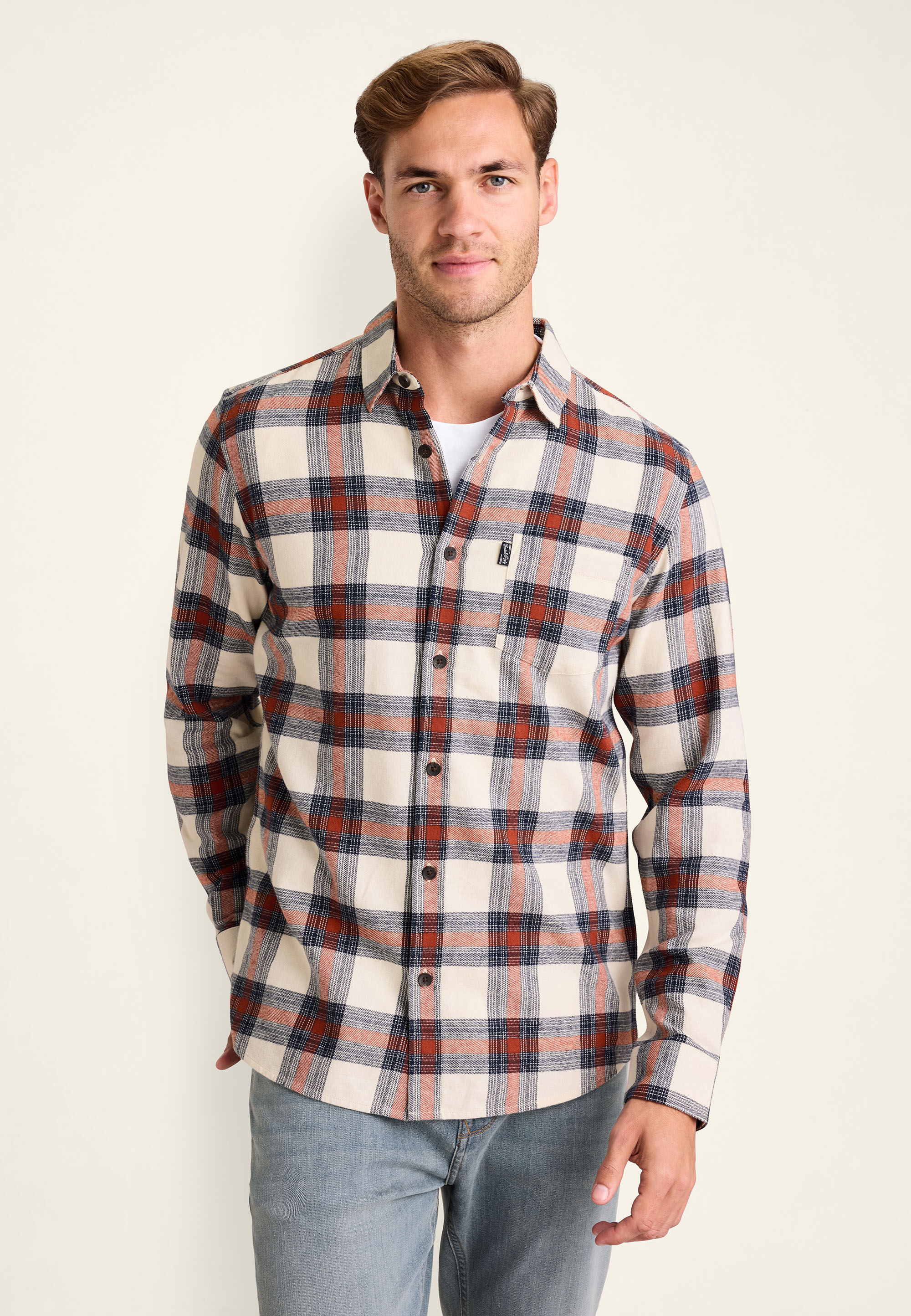 Mens Ecru Check Flannel Long Sleeve Shirt