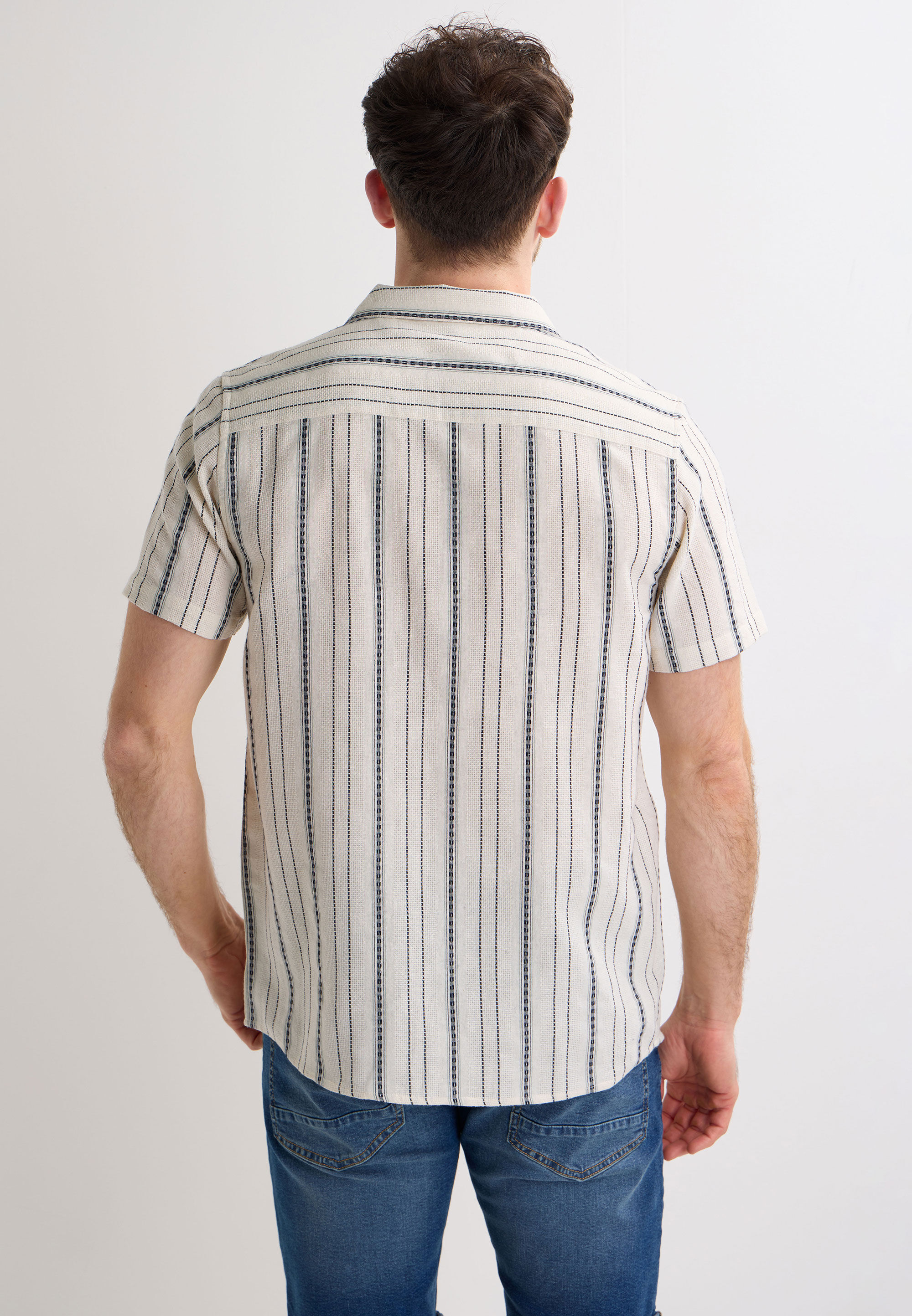 Mens Ecru Stripe Dobby Short Sleeve Shirt