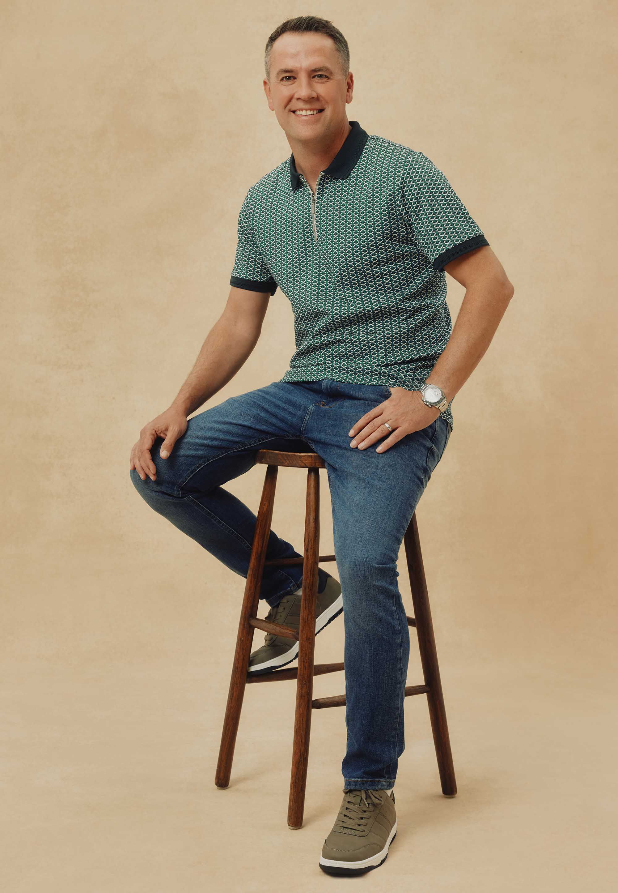 Mens Teal Geo Print Quarter Zip Polo Shirt