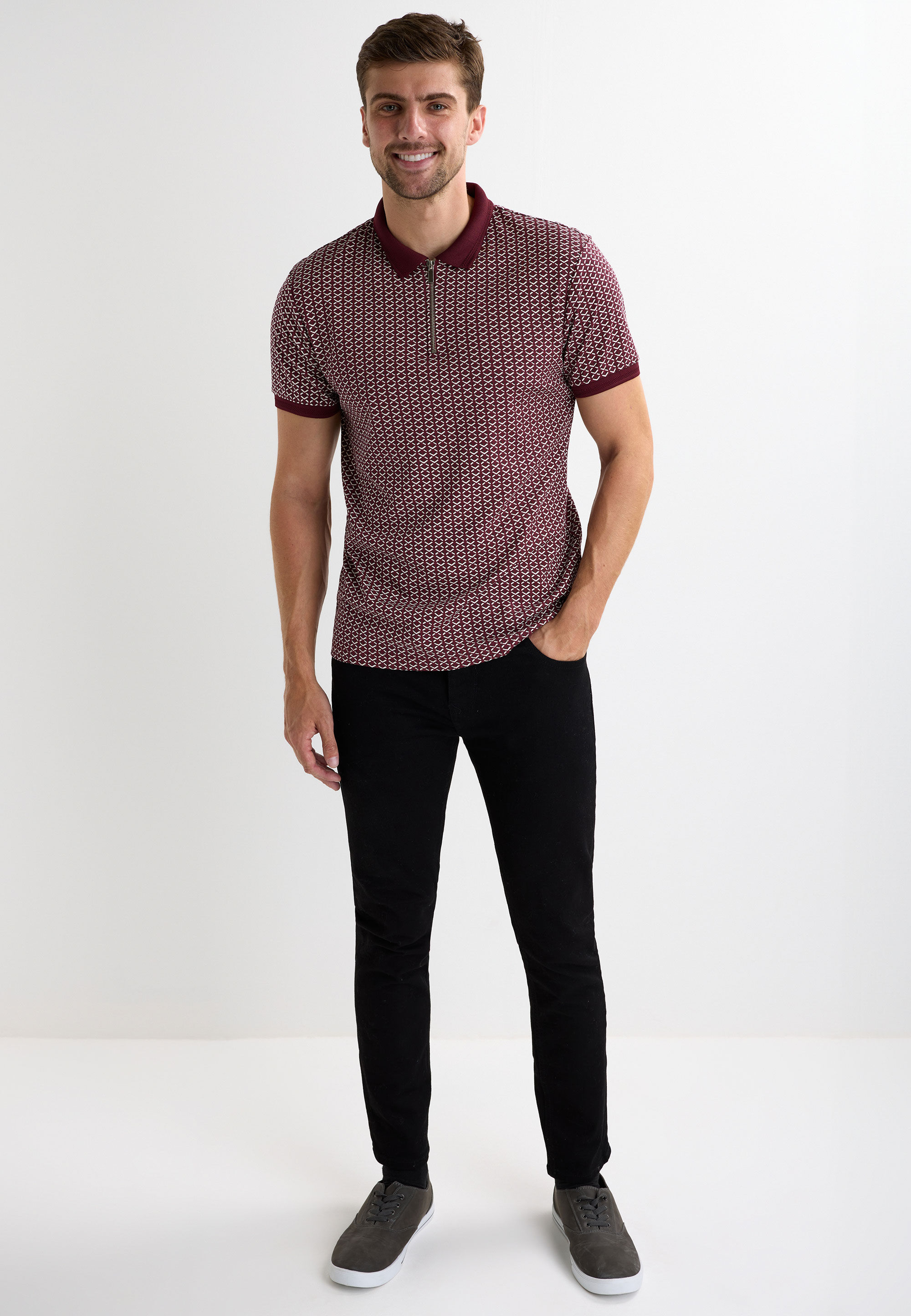Mens Burgundy Geo Print Quarter Zip Polo Shirt
