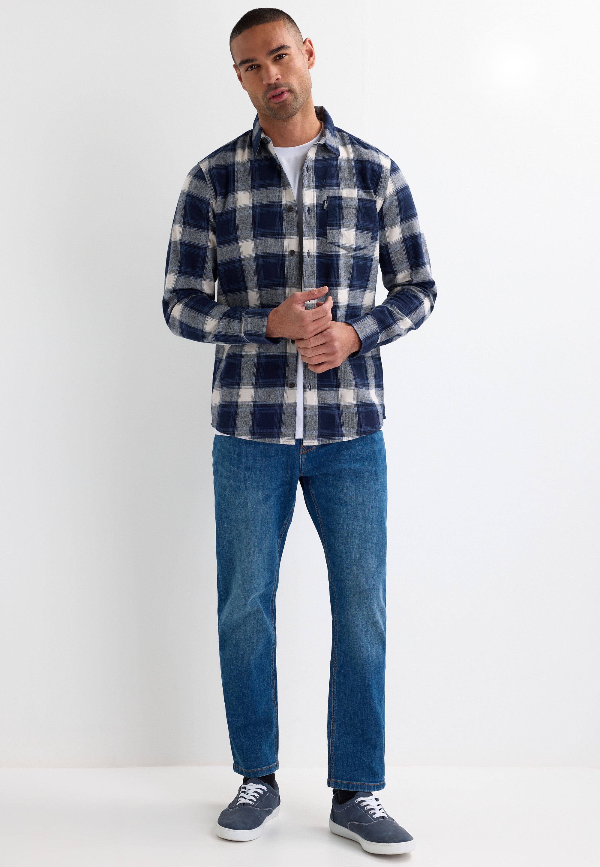 Mens Navy Check Flannel Long Sleeve Shirt