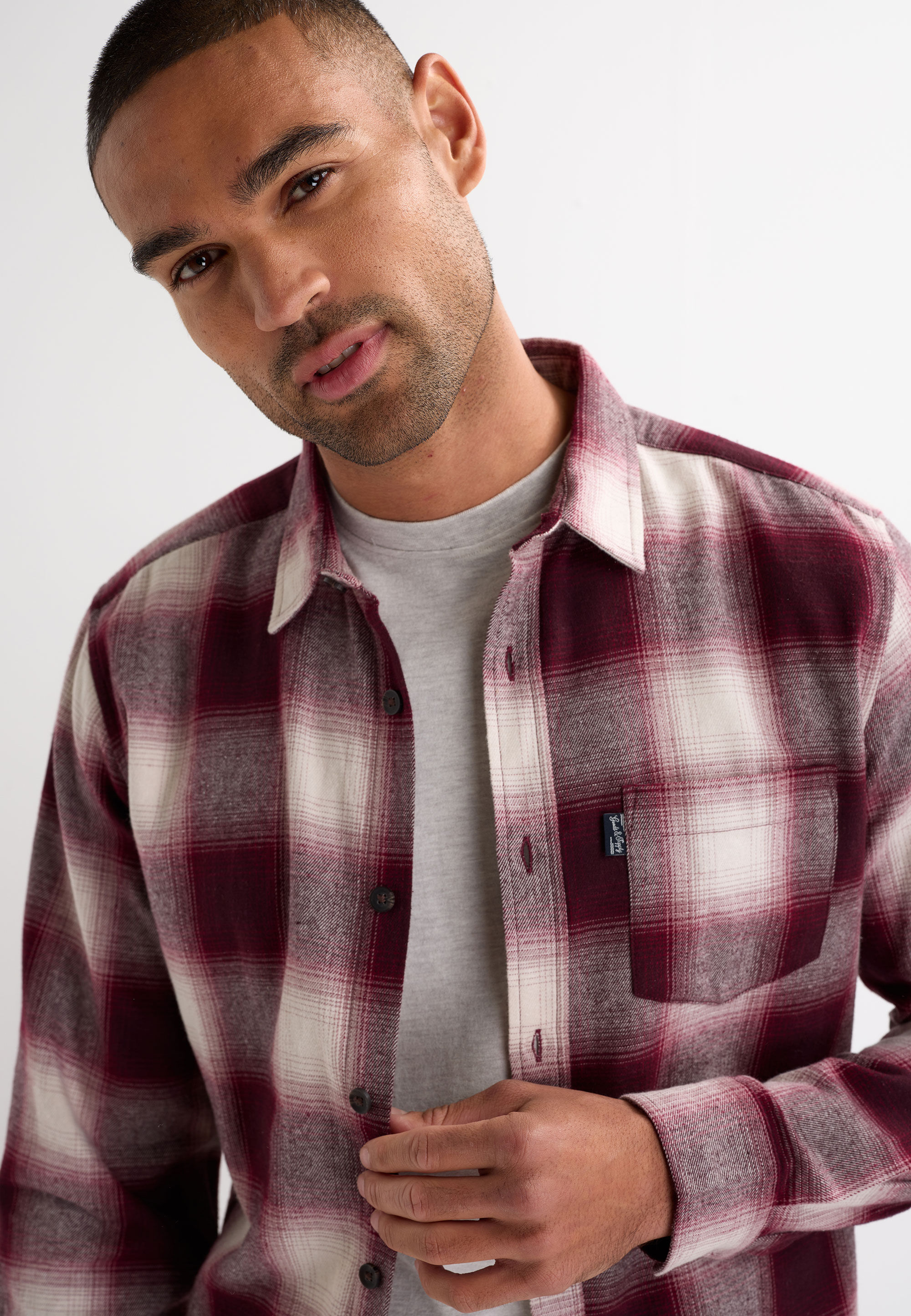 Mens Burgundy Check Flannel Long Sleeve Shirt