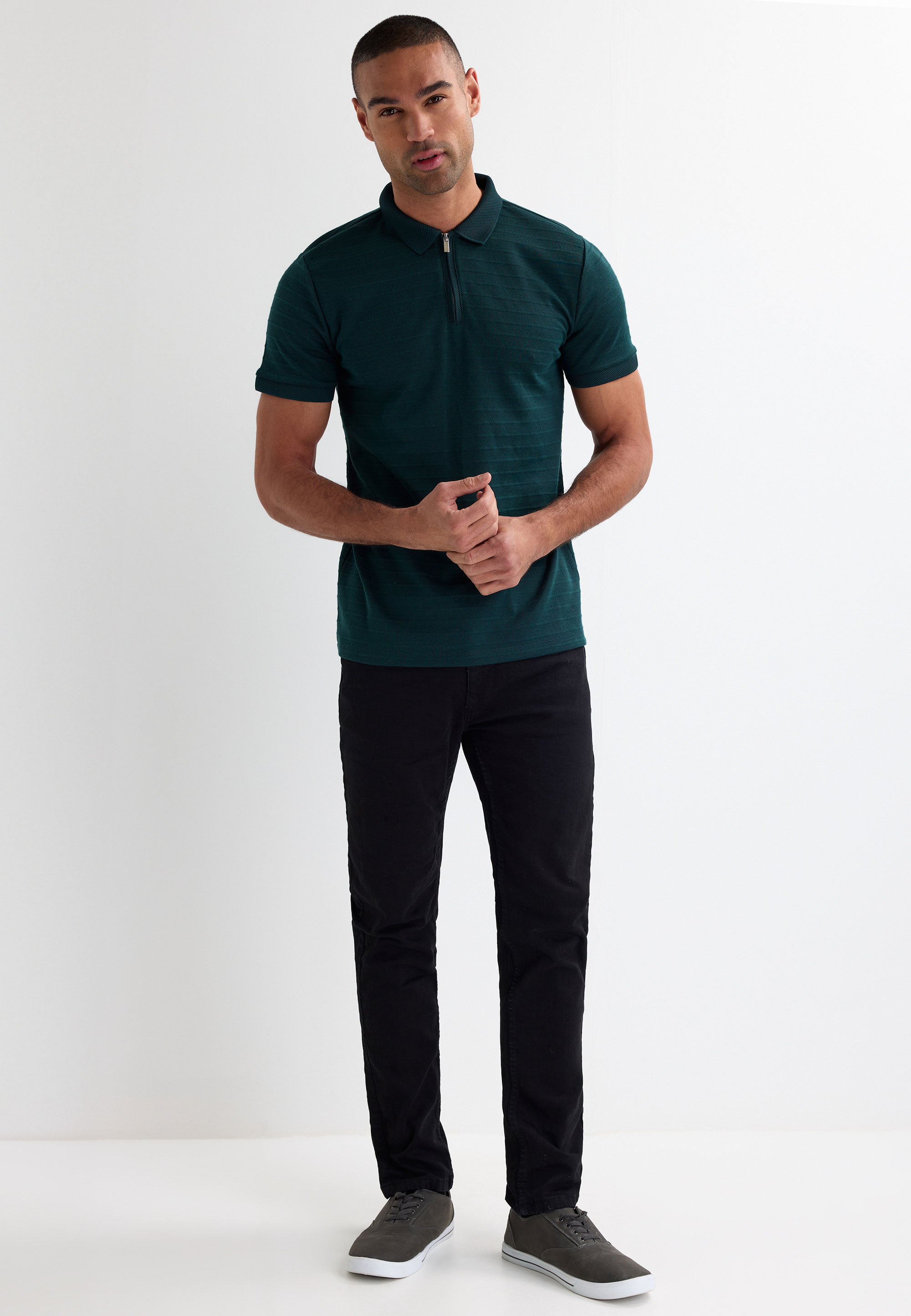 Mens Teal Stripe Quarter Zip Polo Shirt