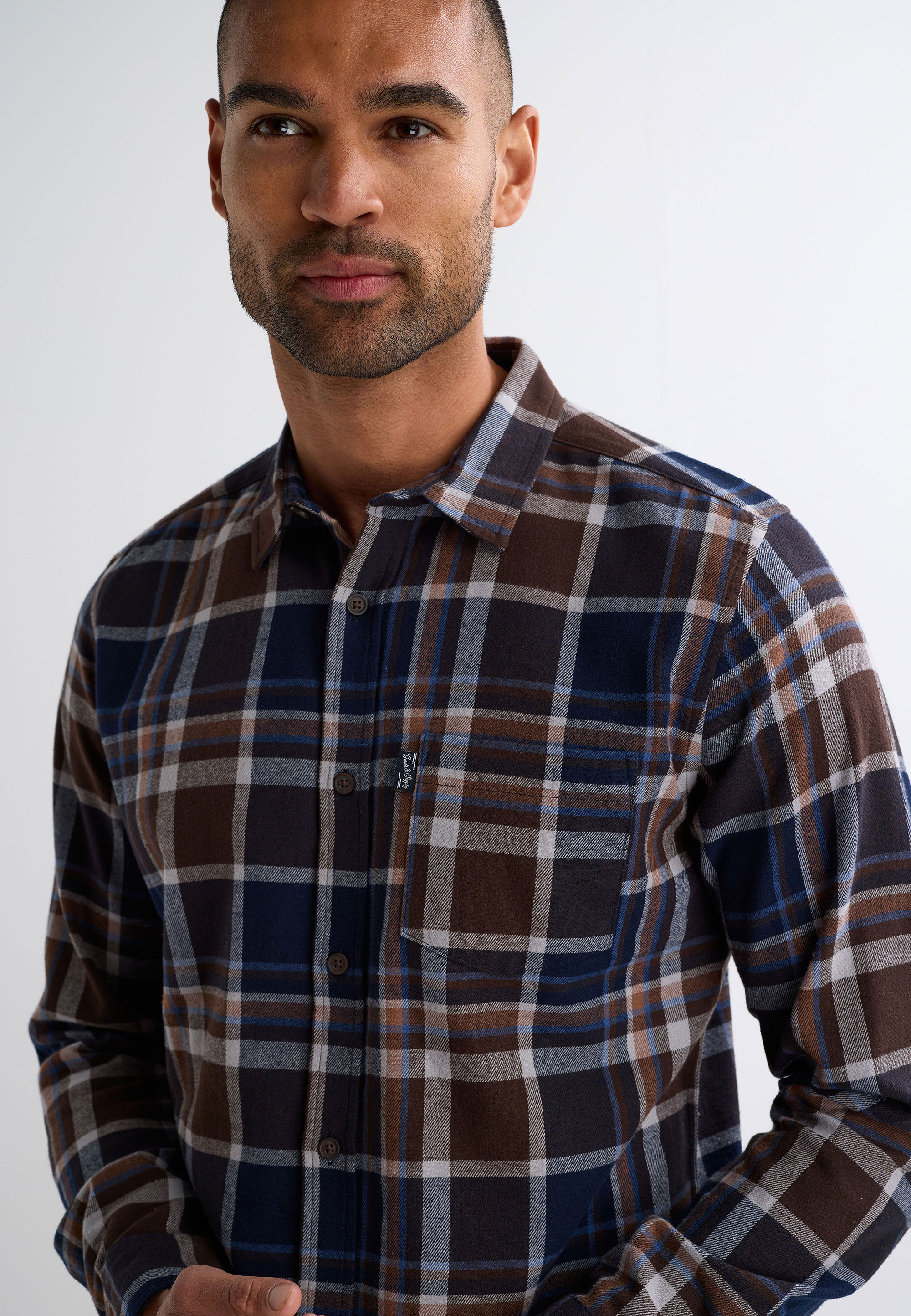 Mens Brown Check Flannel Long Sleeve Shirt