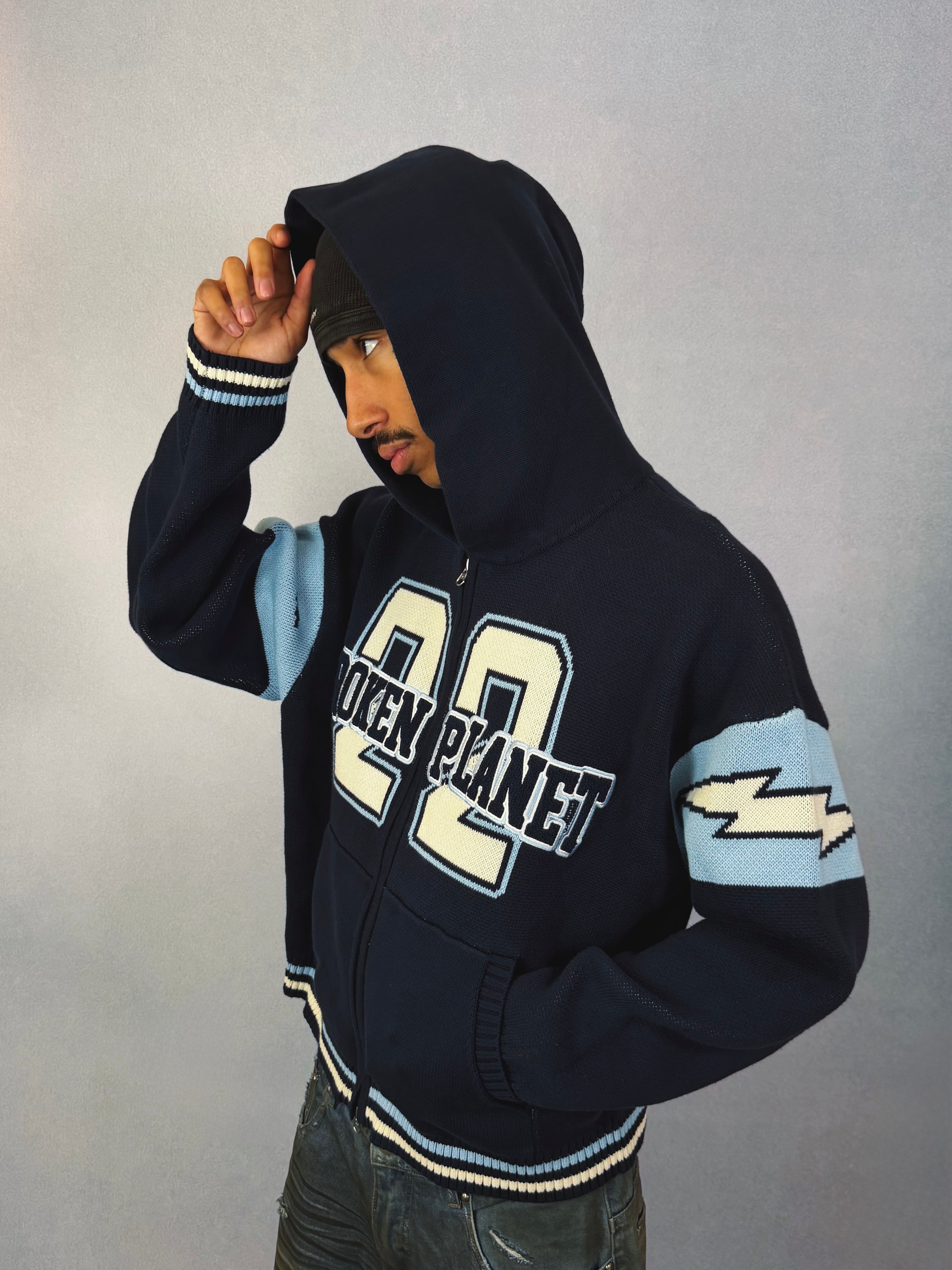 Varsity Knit Zip-Up Hoodie - Navy Blue - 3