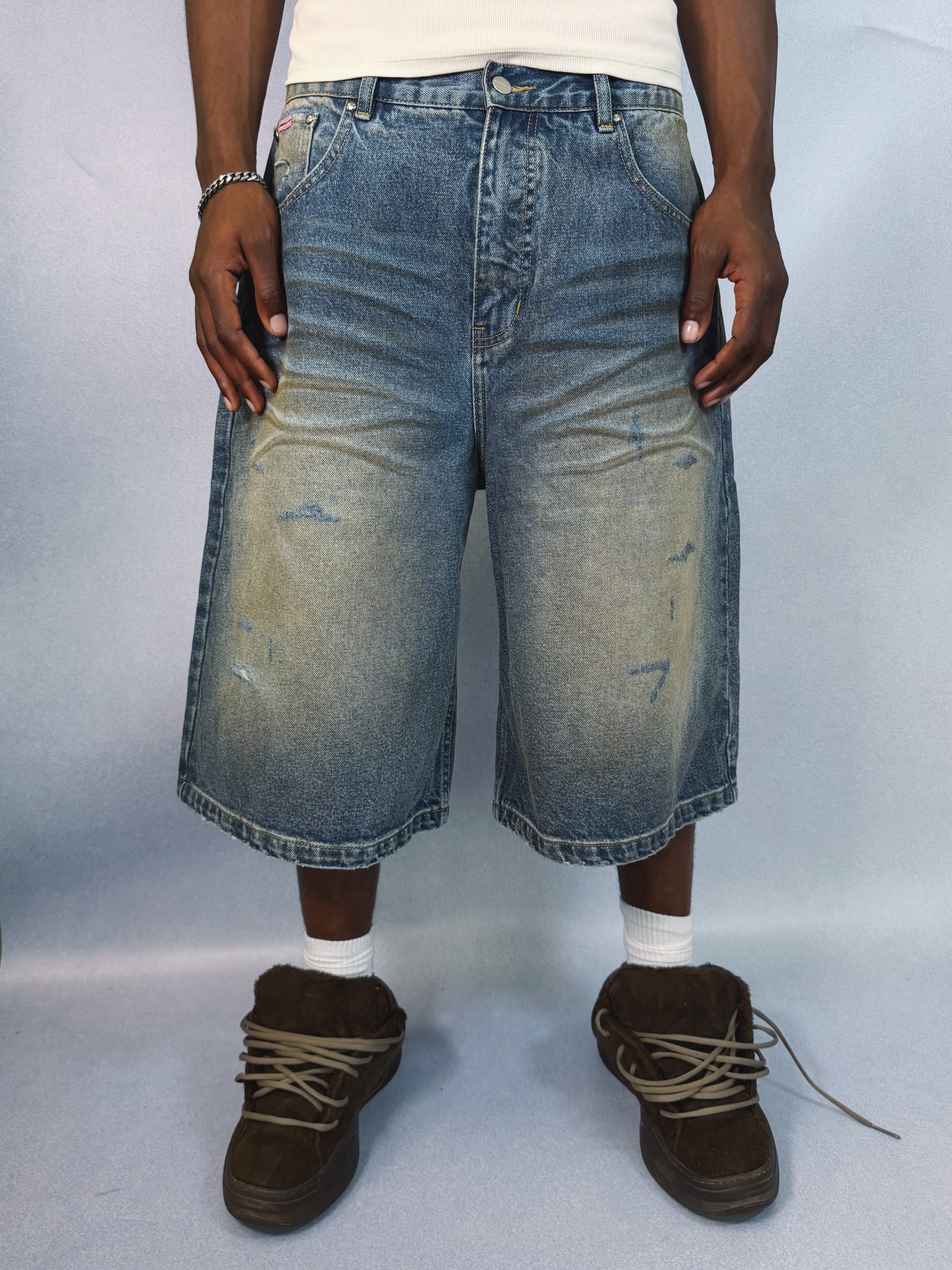Distressed Denim Shorts - Washed Blue - 3