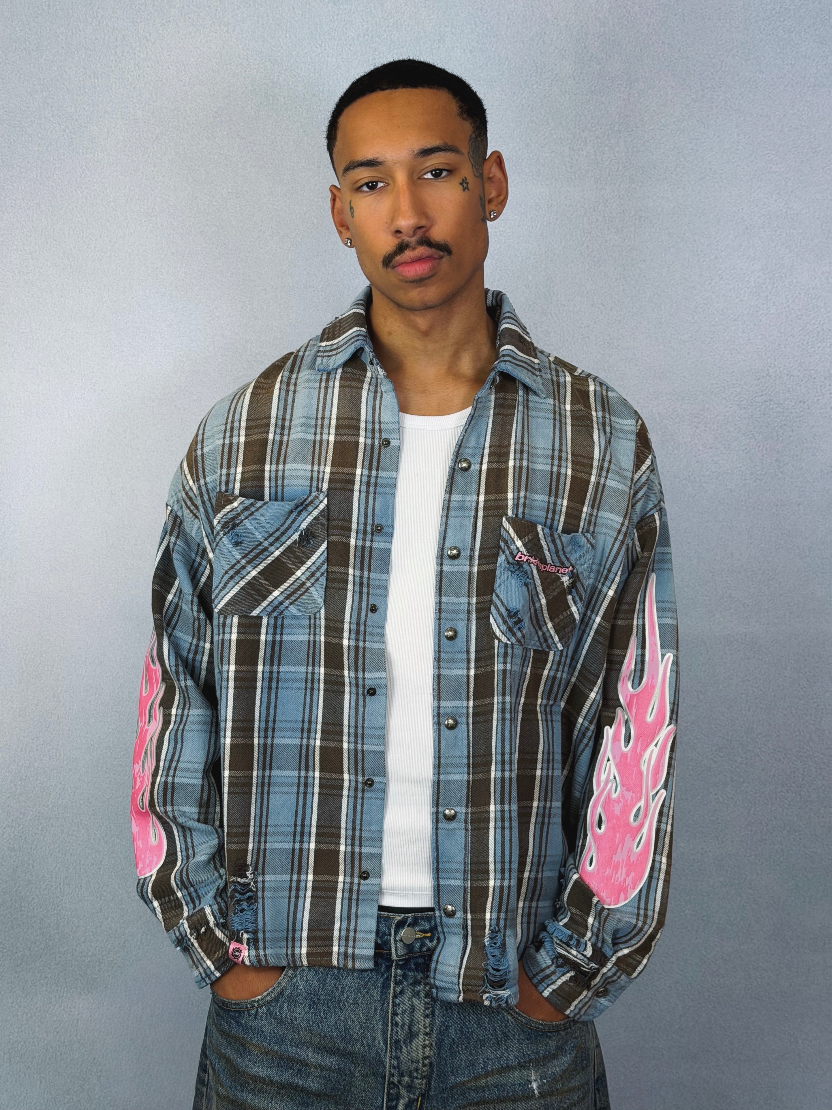 Distressed Flannel Shirt - Blue Tartan - 3