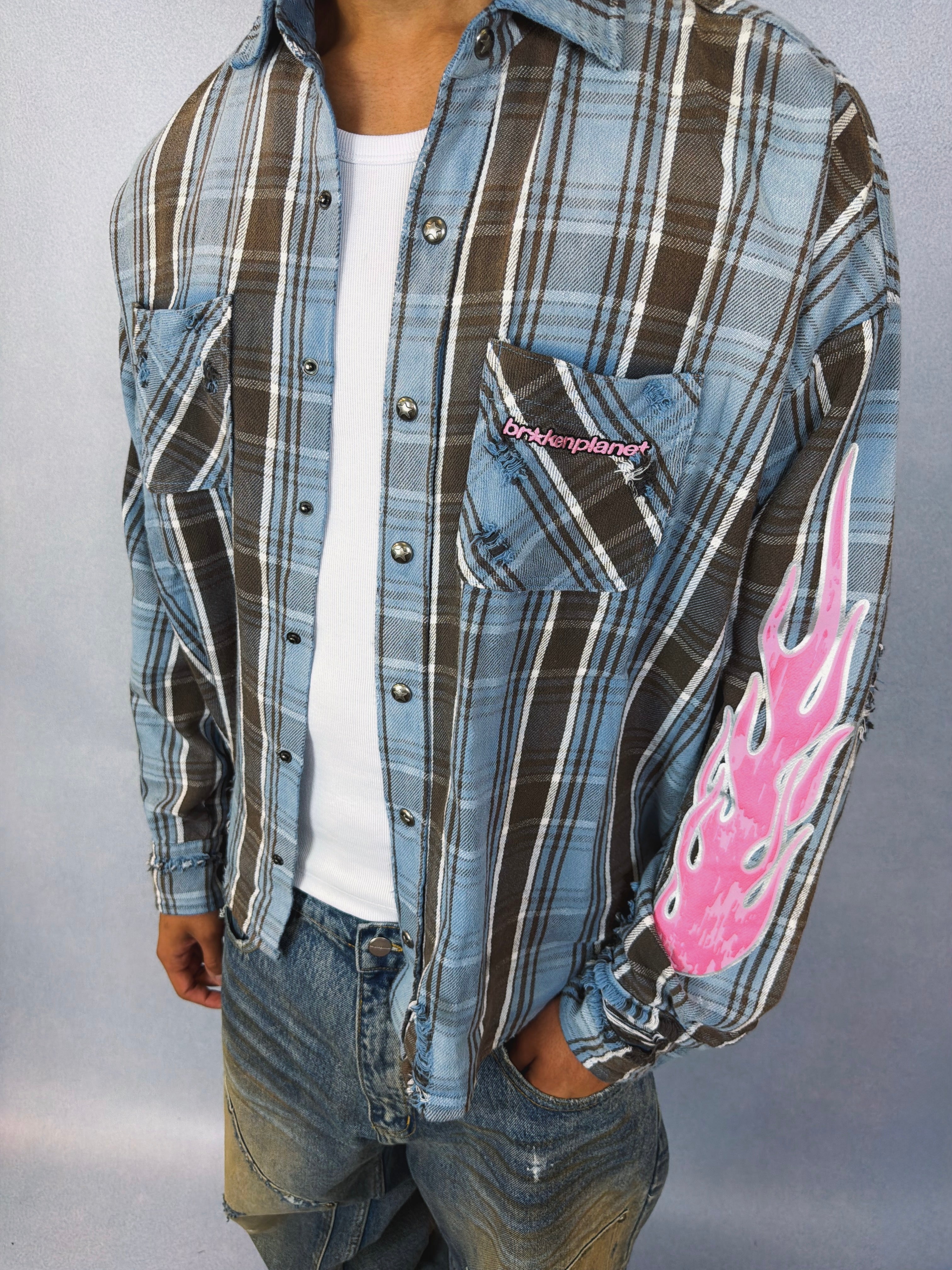 Distressed Flannel Shirt - Blue Tartan - 5
