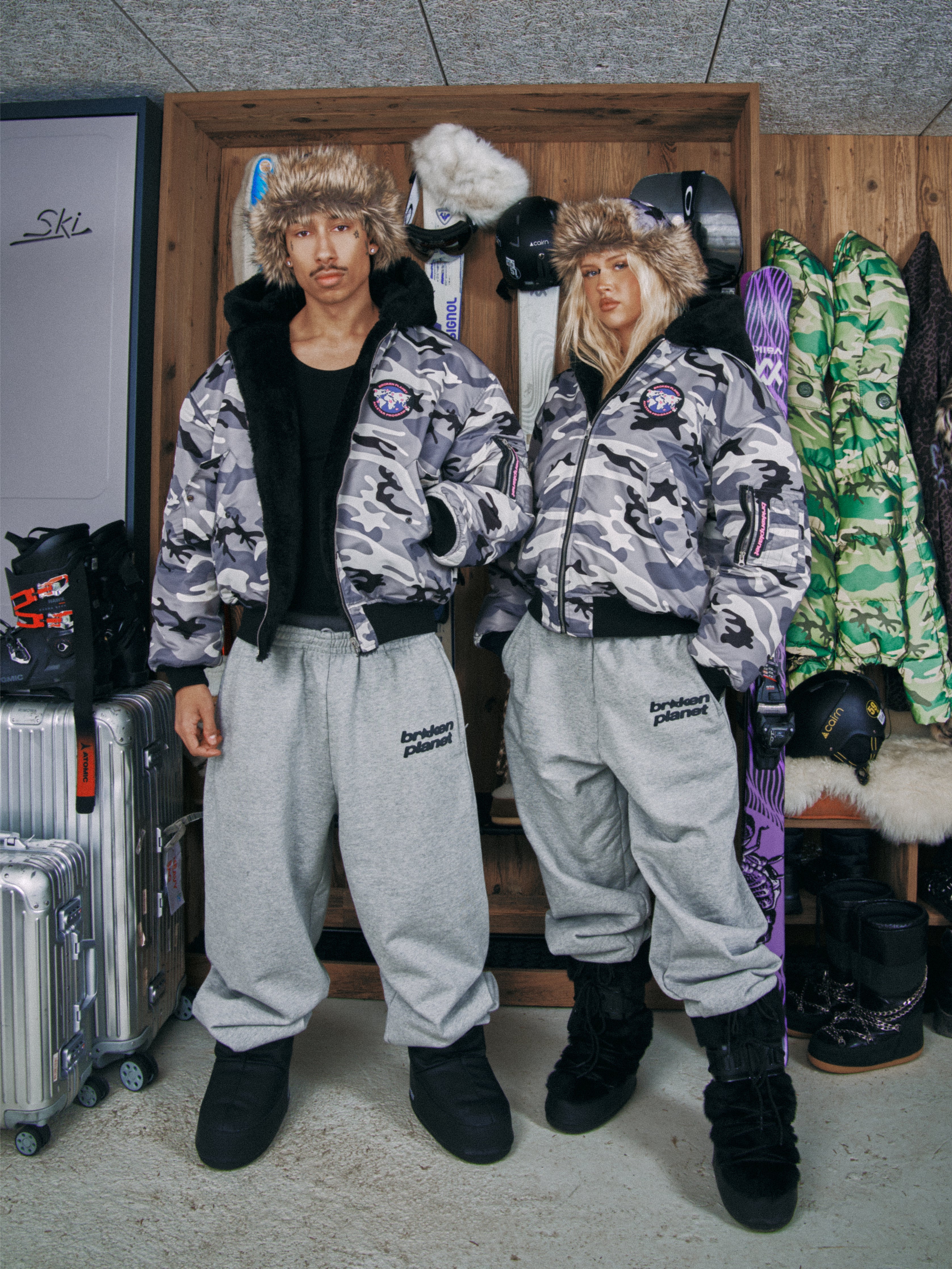 Reversible Snow Camo Fur Bomber Jacket - Snow Camo/Black - 3