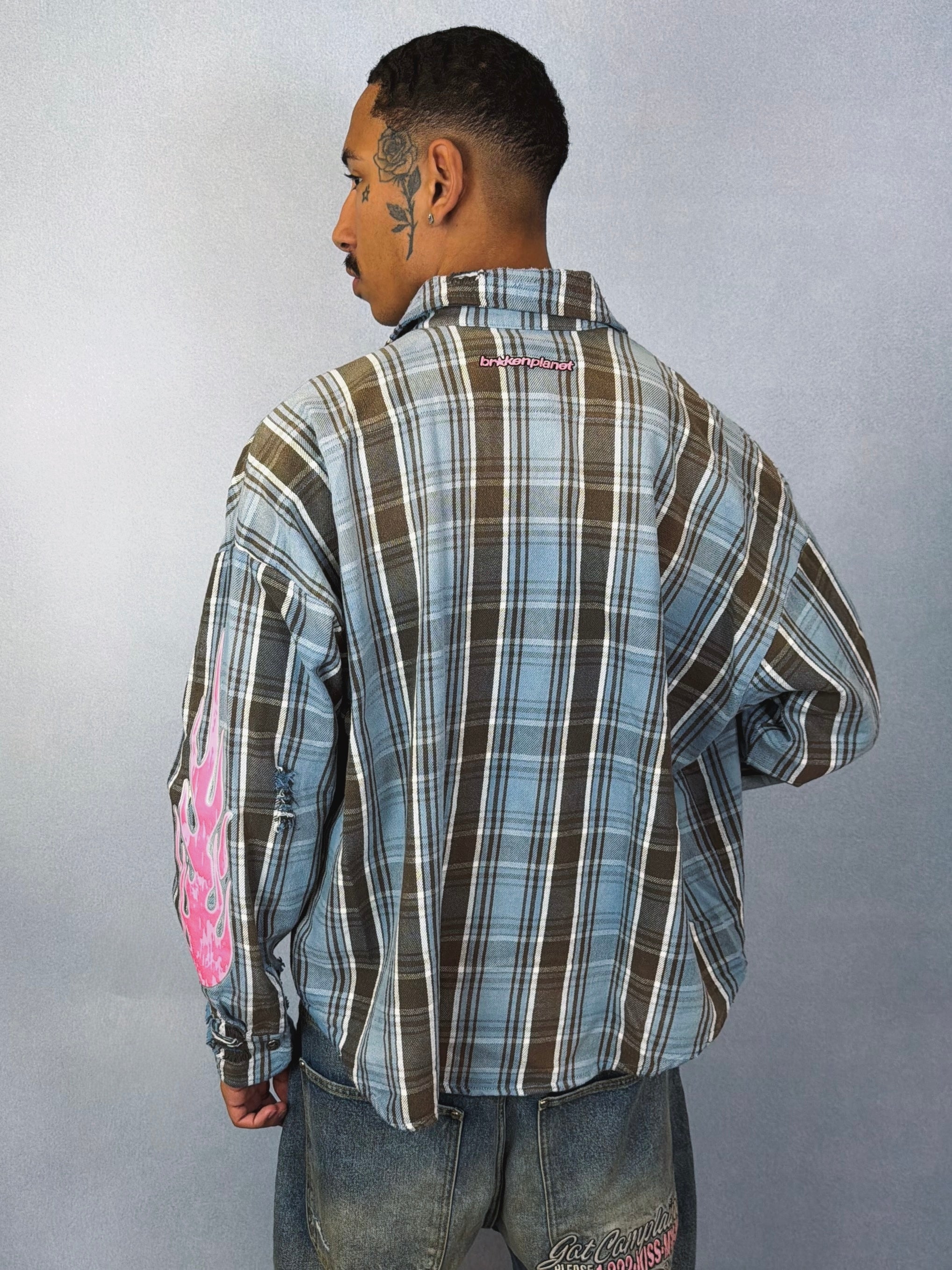 Distressed Flannel Shirt - Blue Tartan - 7
