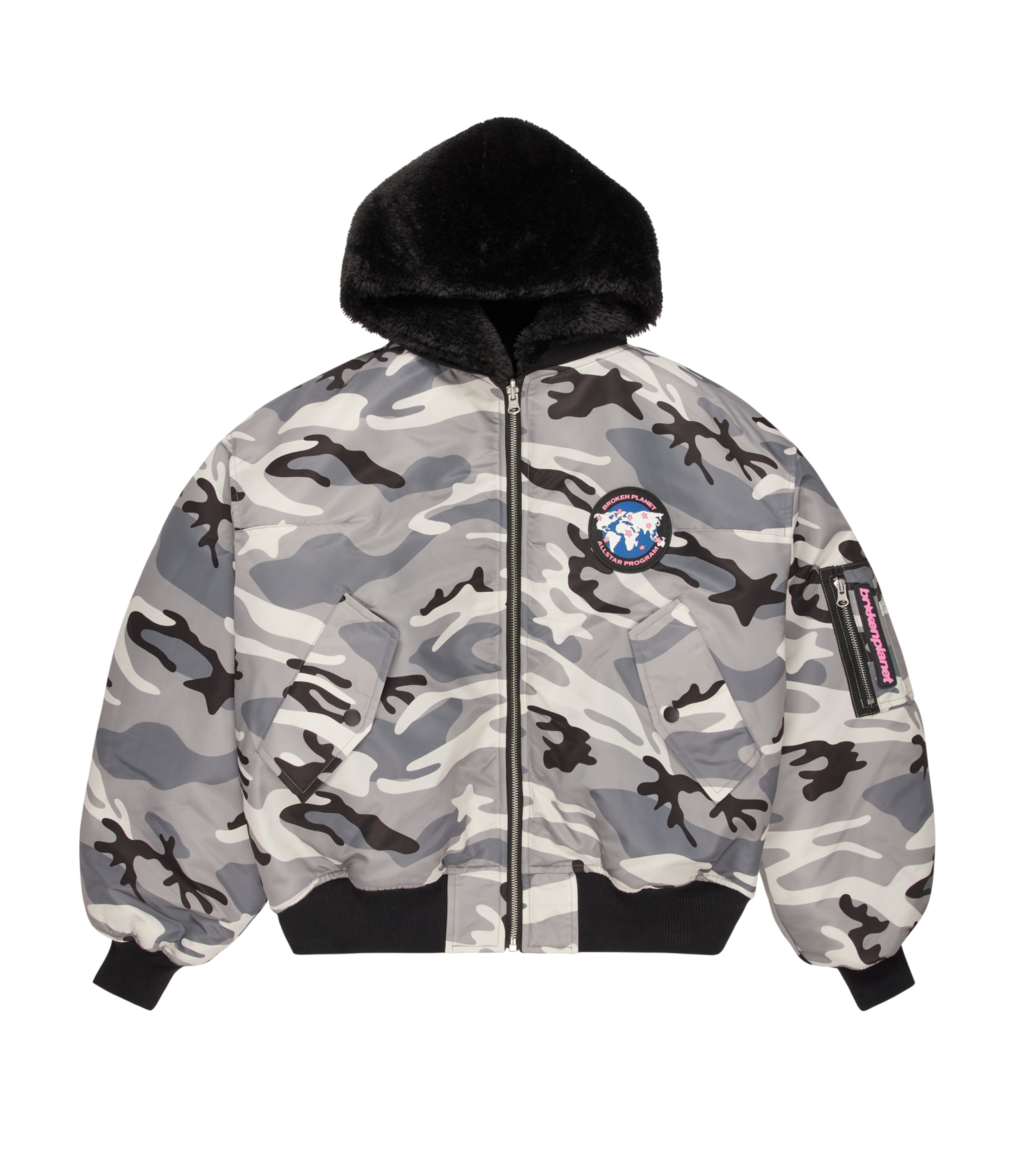 Reversible Snow Camo Fur Bomber Jacket - Snow Camo/Black