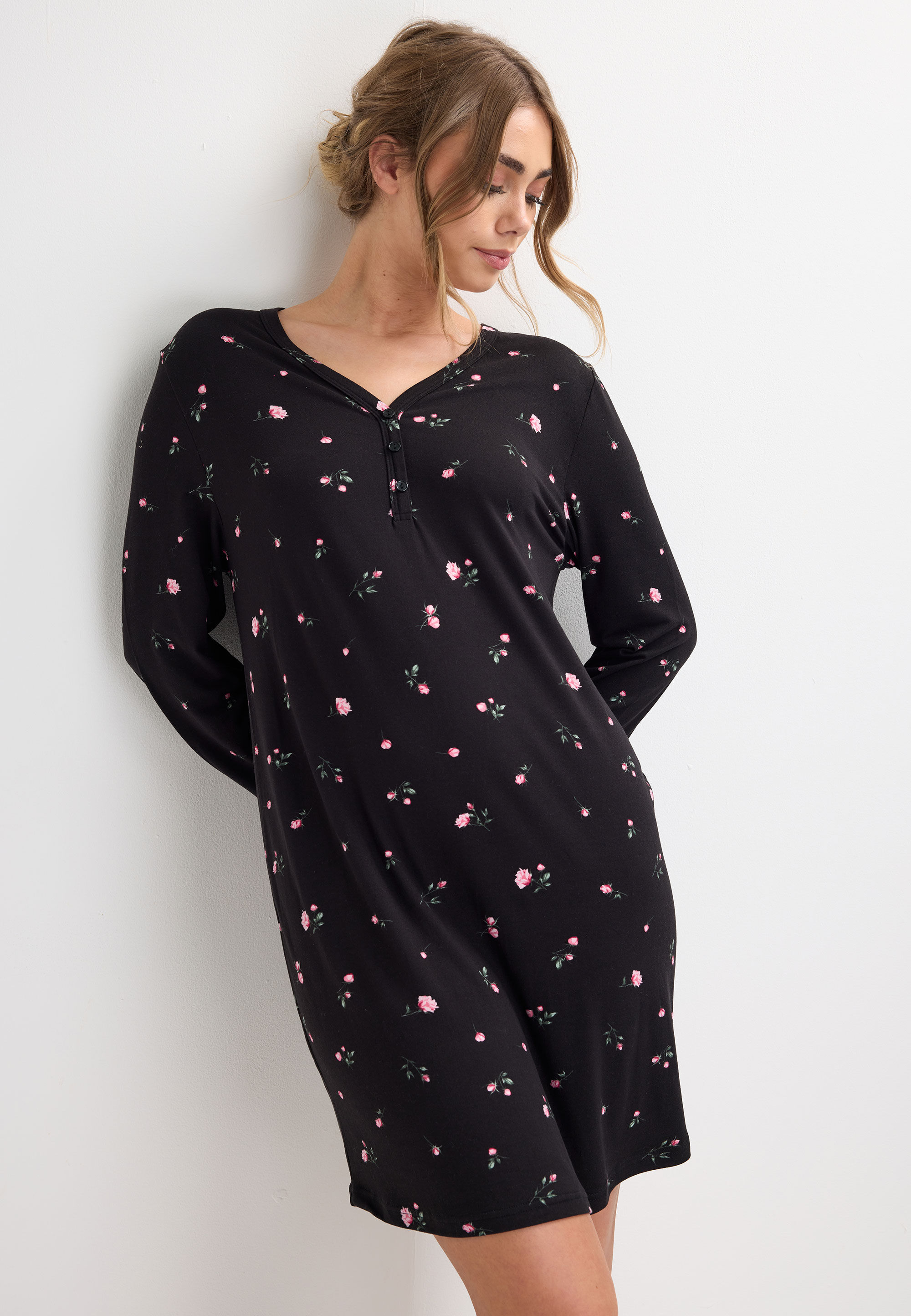 Womens Black Ditsy Soft Touch Long Sleeve Nightdress