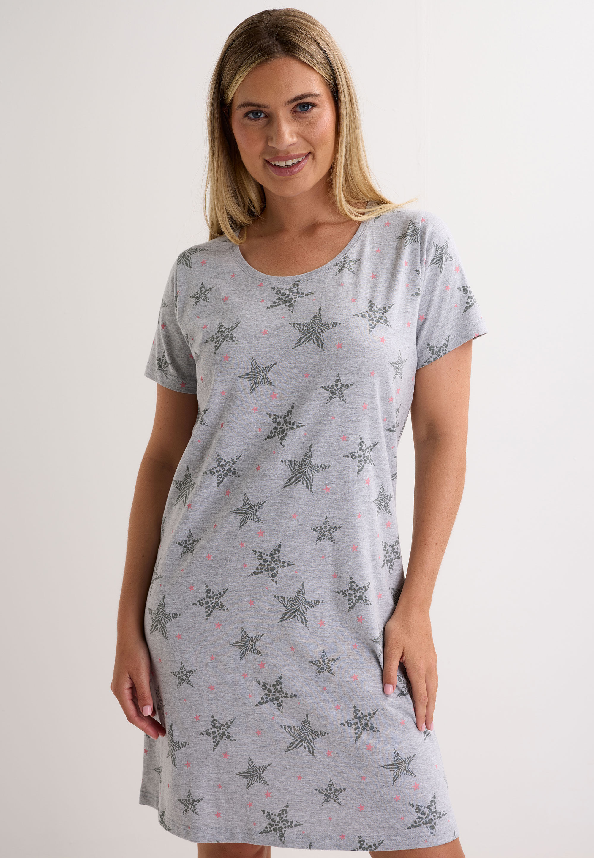 Womens Grey Star Print Short Sleeve Nightdress