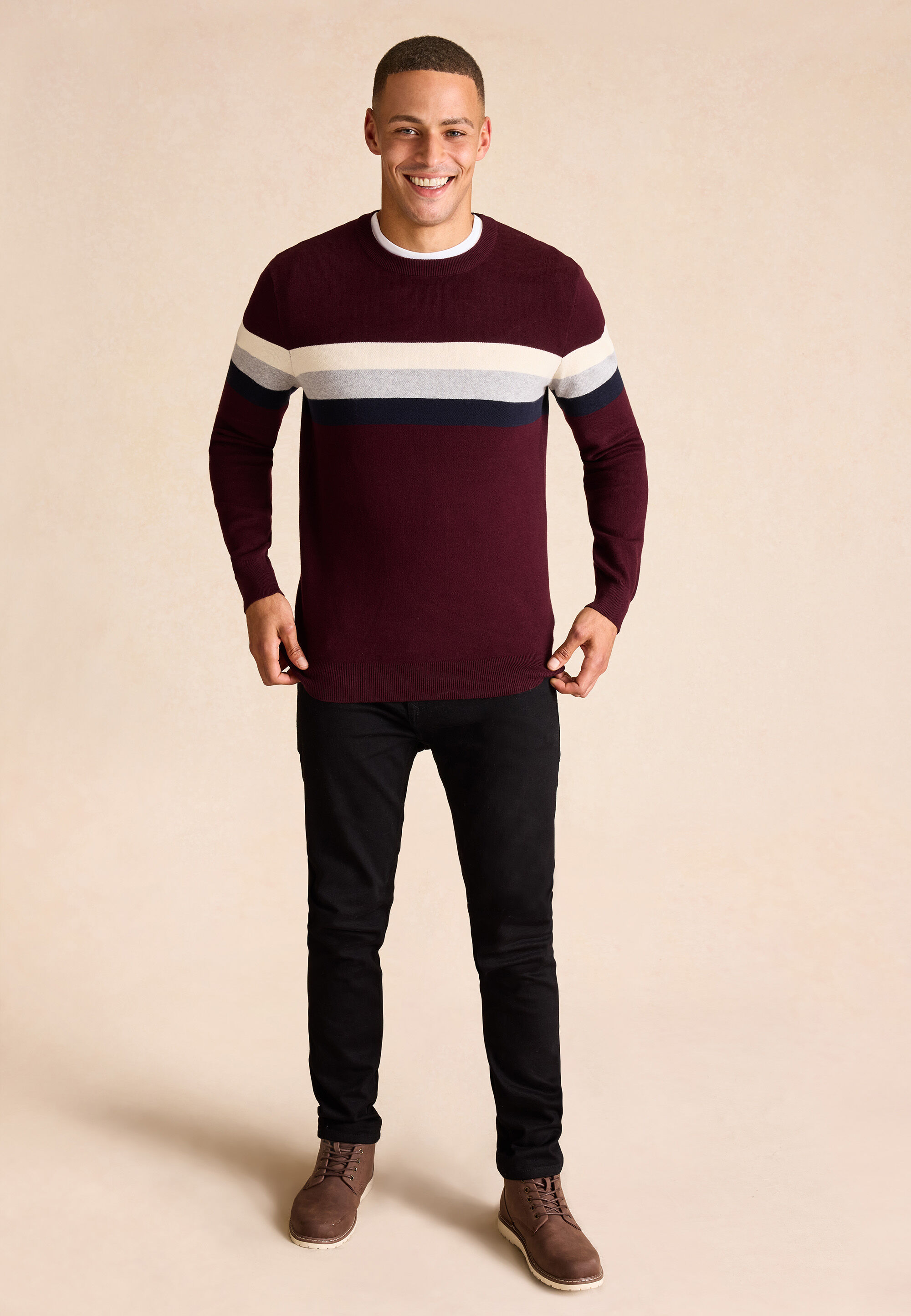 Mens Burgundy Stripe Colour Block Jumper