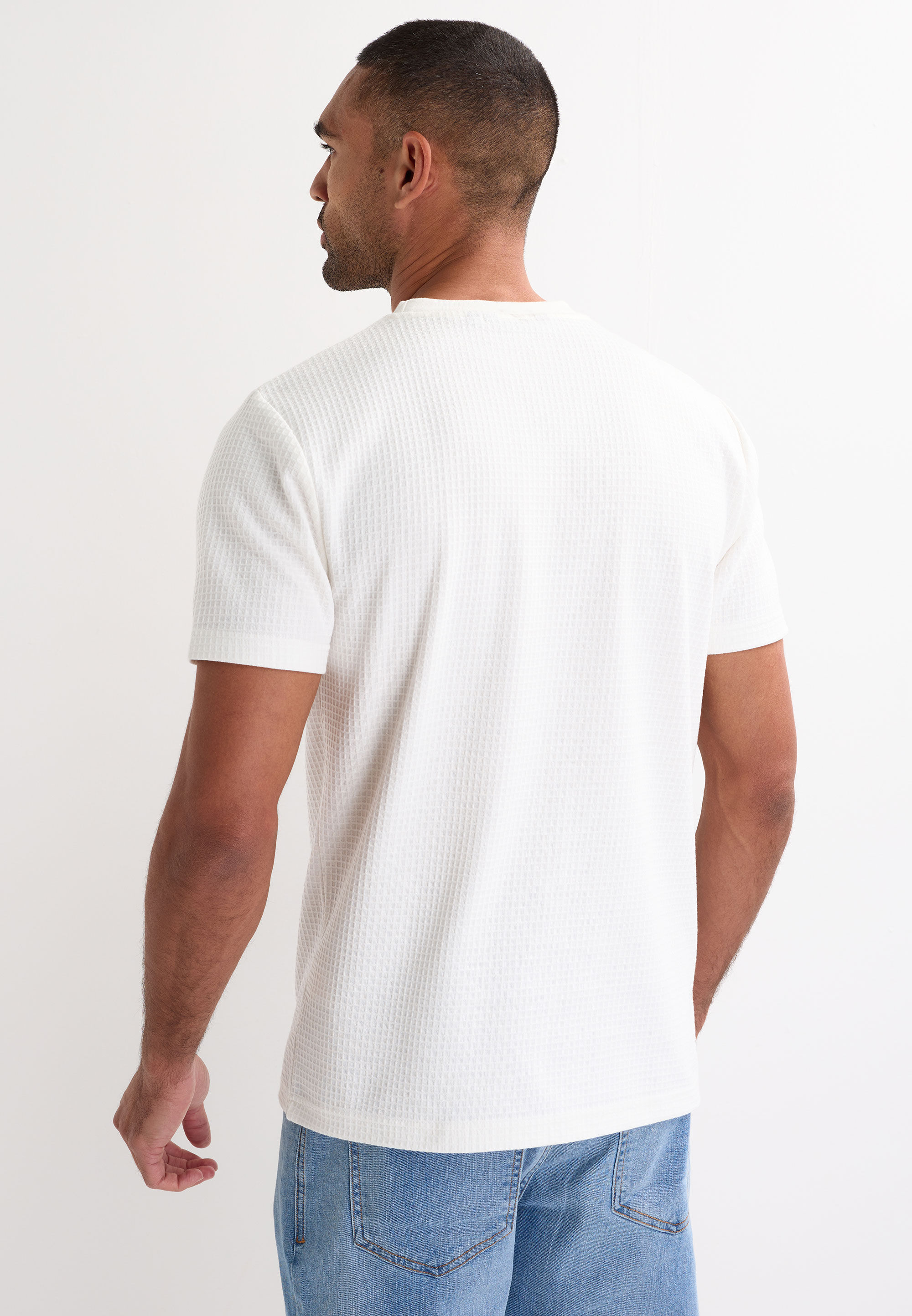 Mens Ecru Cotton Waffle Textured T-Shirt