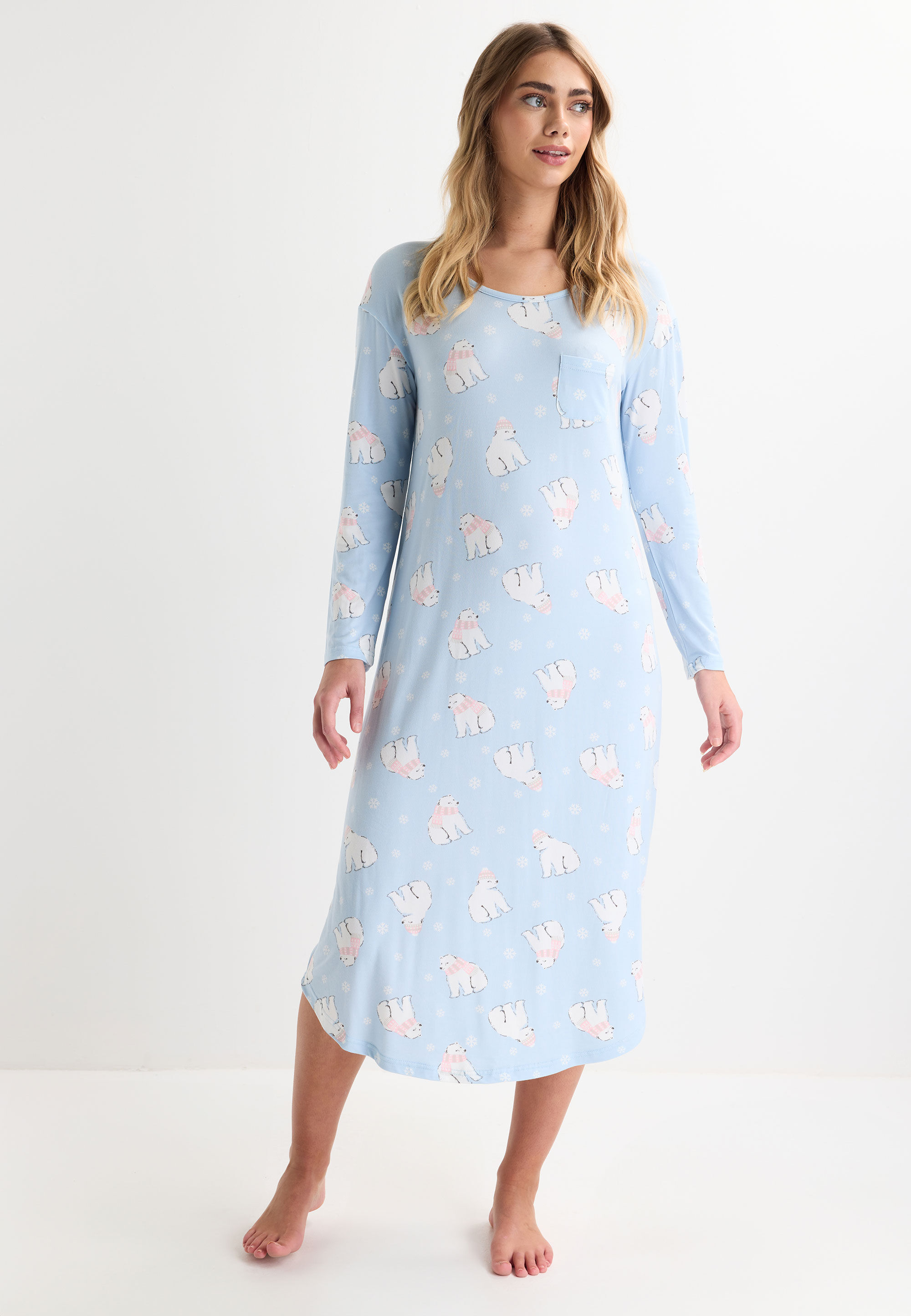 Womens Blue Polar Bear Print Long Nightdress