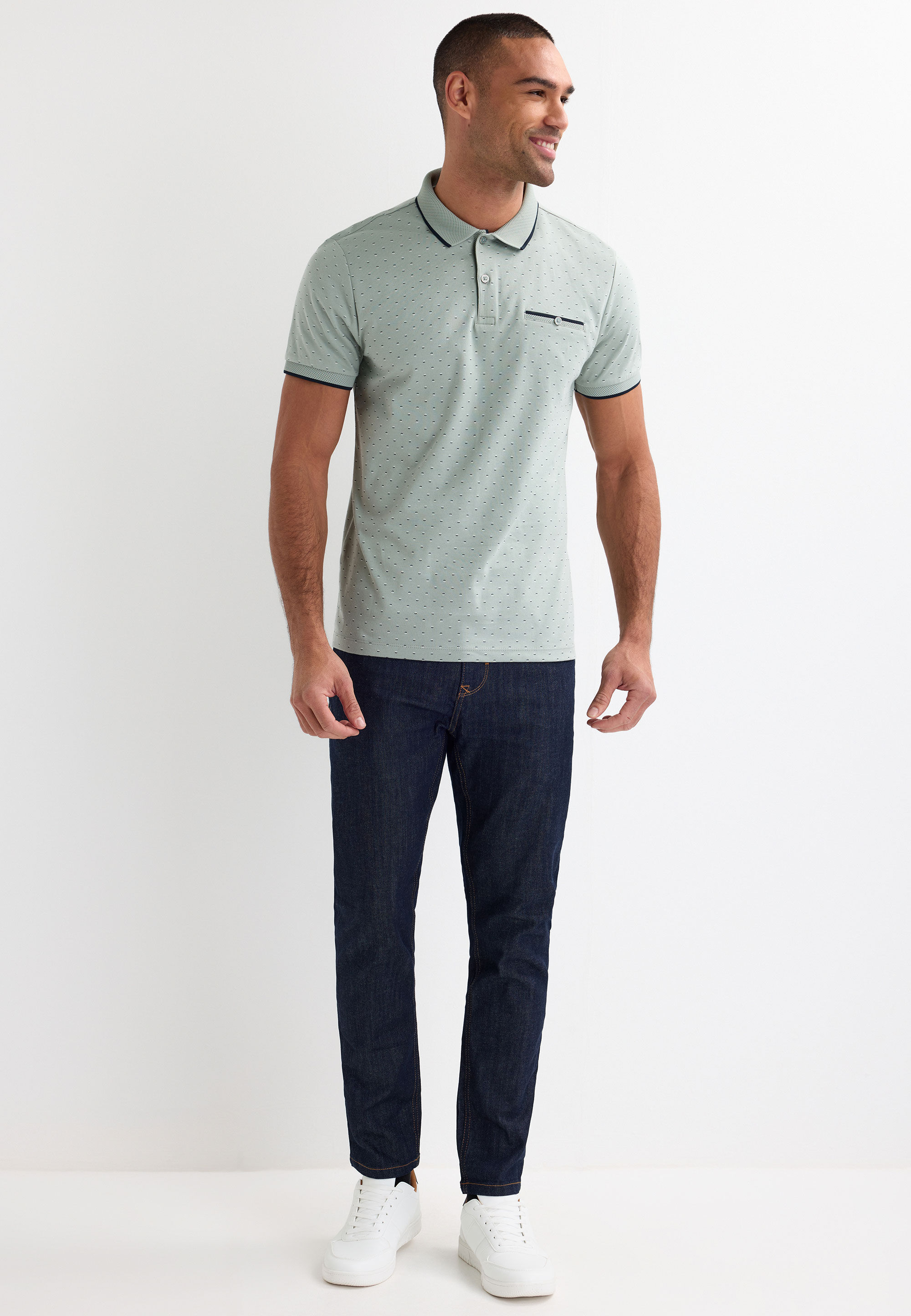 Mens Sage Ditsy Print Polo Shirt