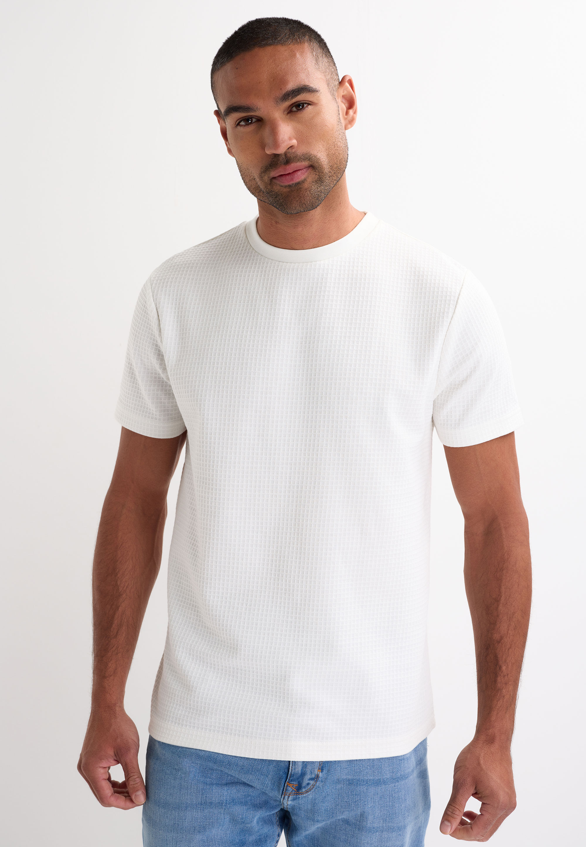 Mens Ecru Cotton Waffle Textured T-Shirt