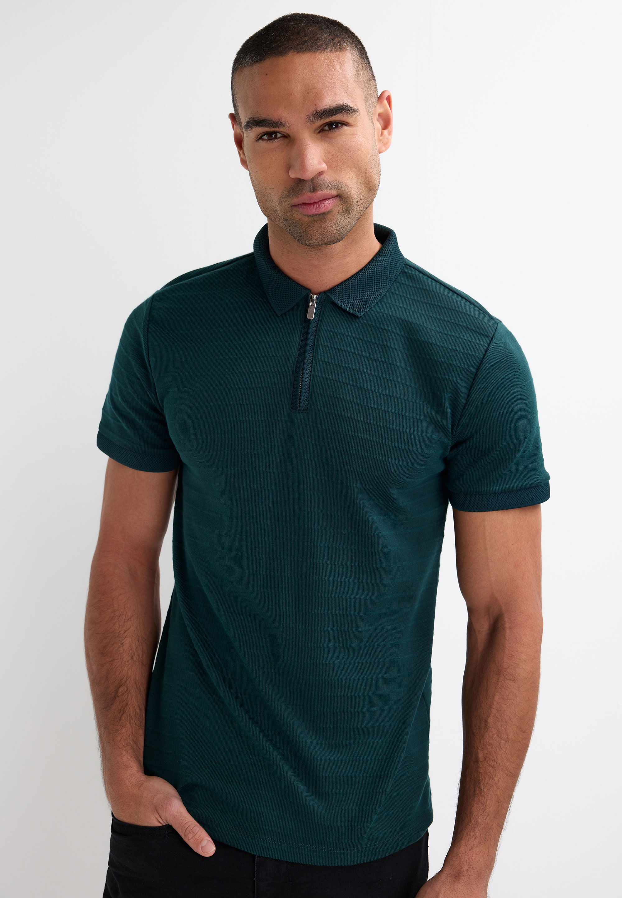Mens Teal Stripe Quarter Zip Polo Shirt