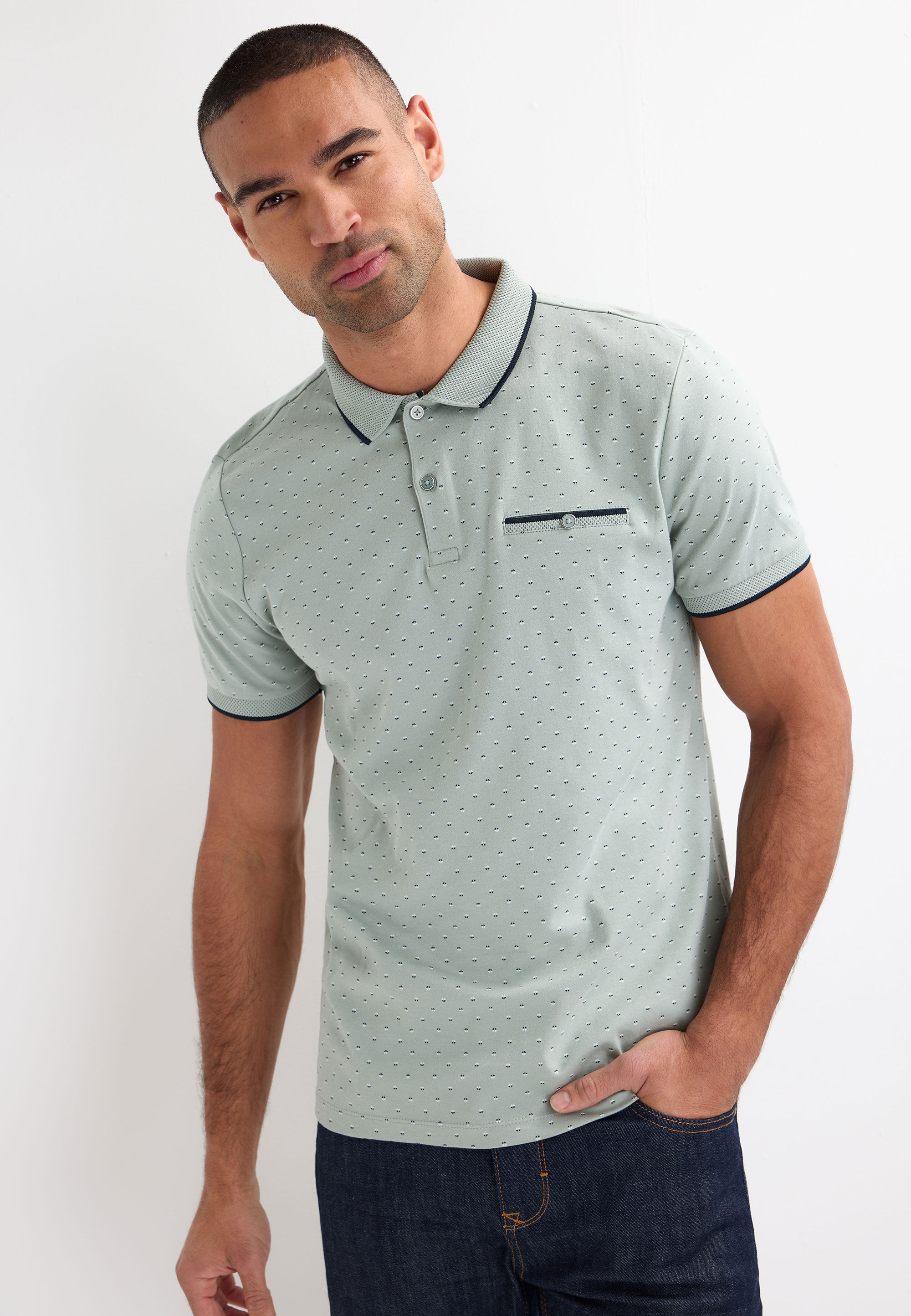 Mens Sage Ditsy Print Polo Shirt