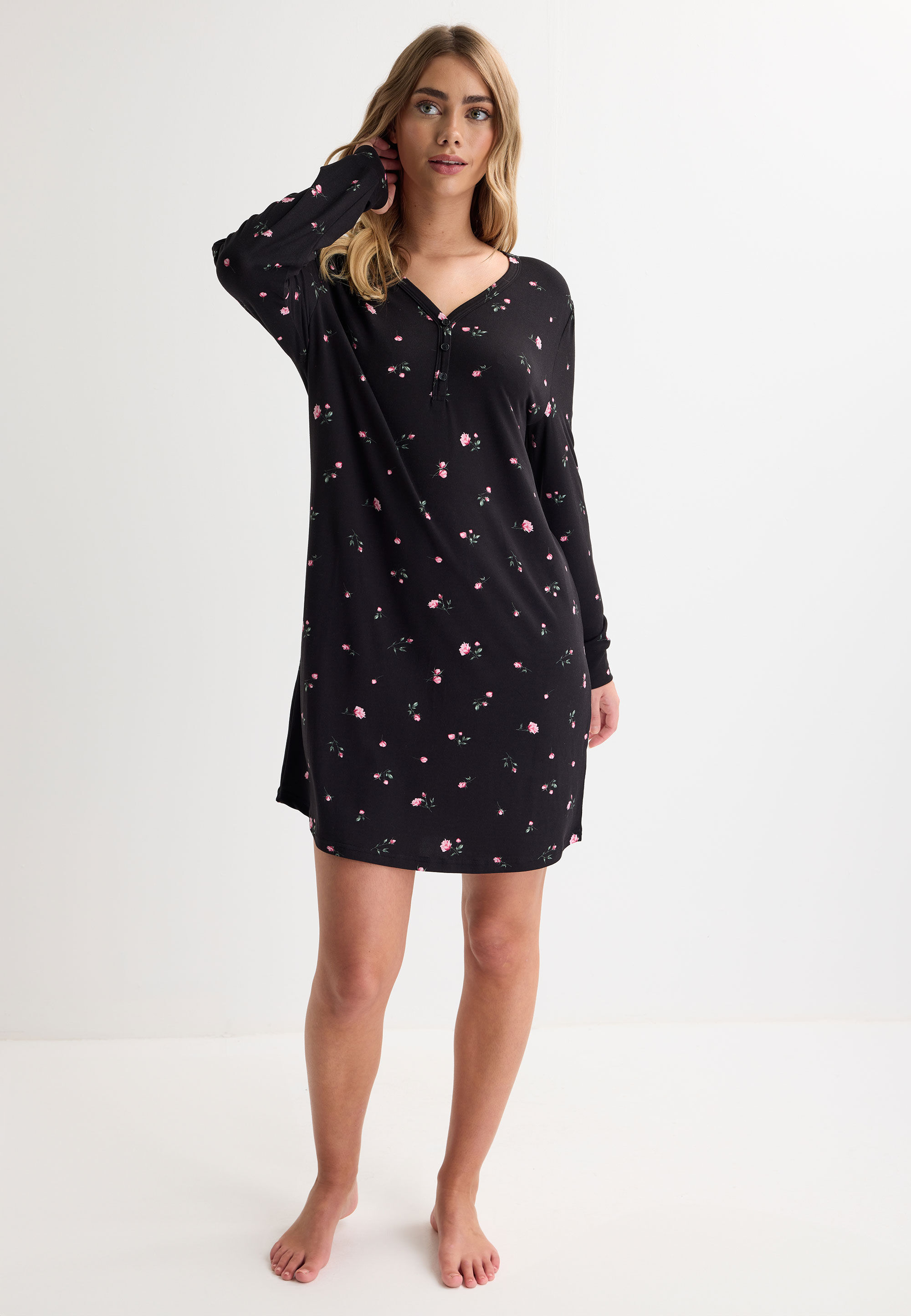 Womens Black Ditsy Soft Touch Long Sleeve Nightdress