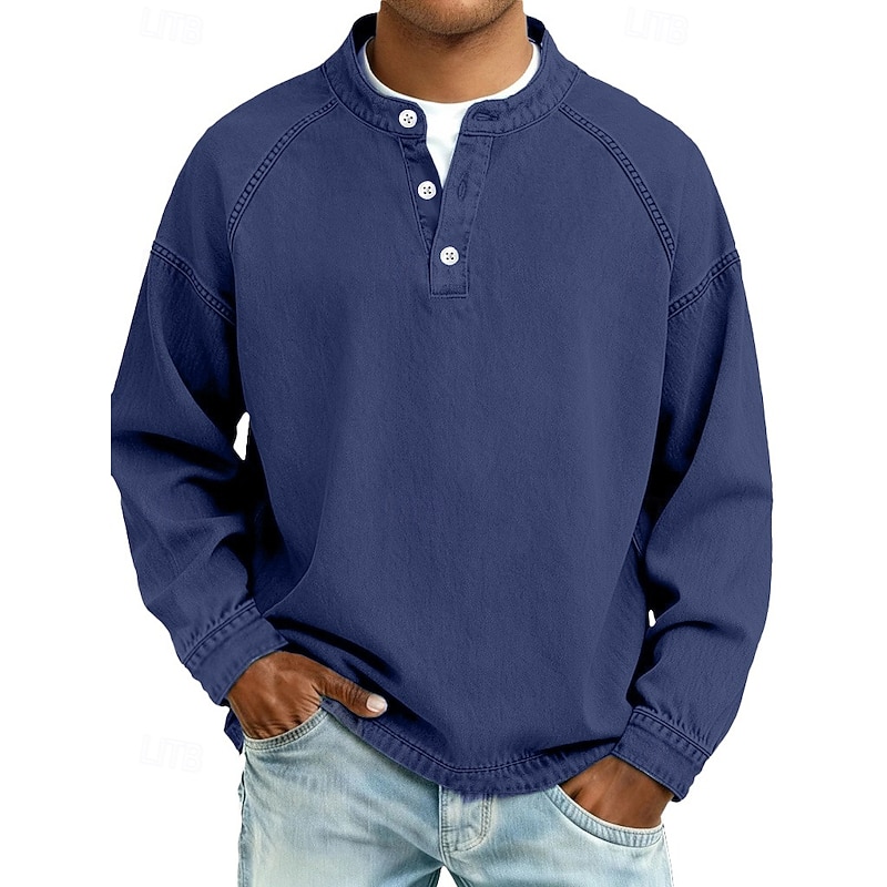 Men's T Shirt Henley Shirt Denim Acid Wash Long Sleeve Henley - Royal Blue