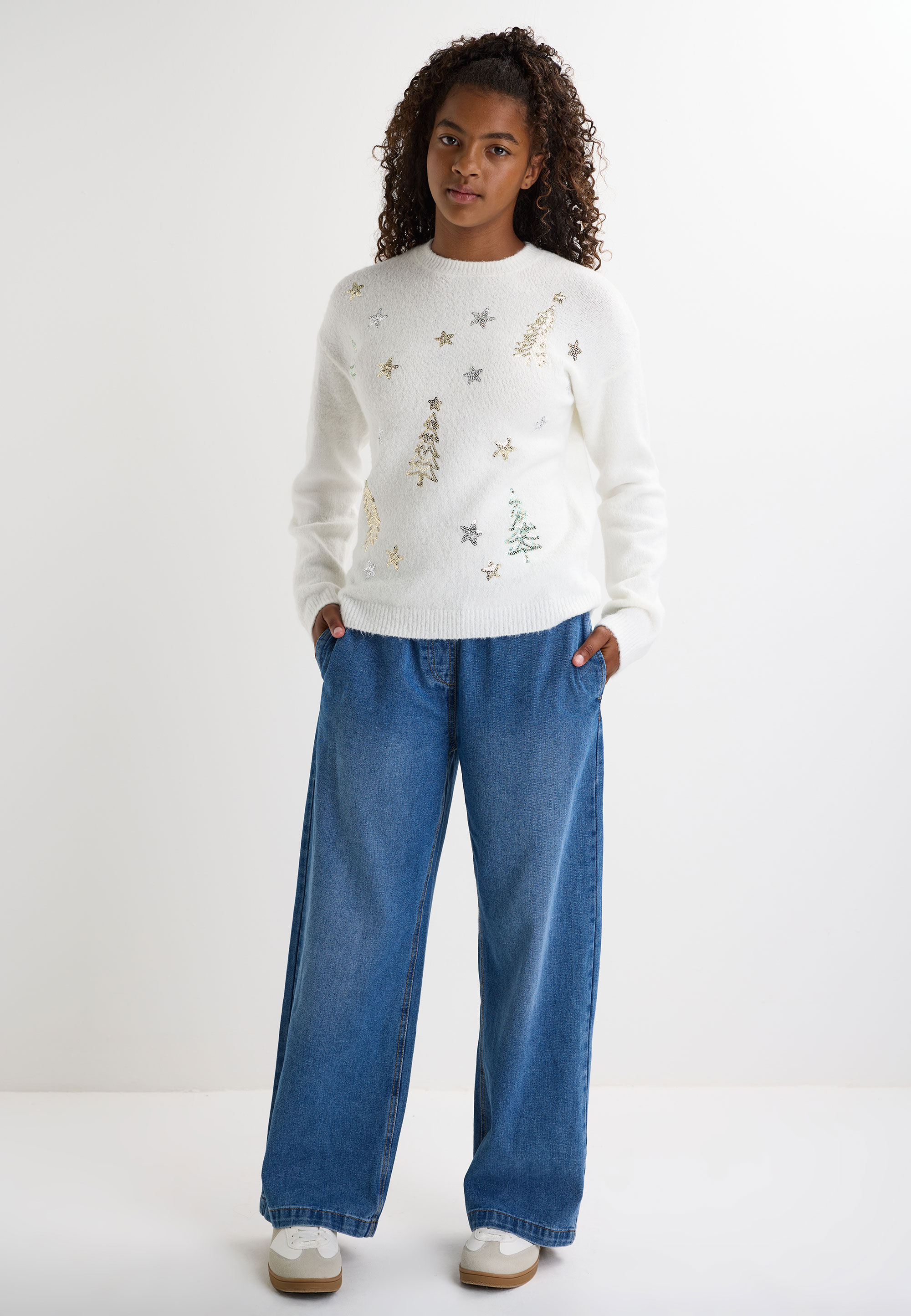 Older Girls Cream Sequin Christmas Tree Jumper