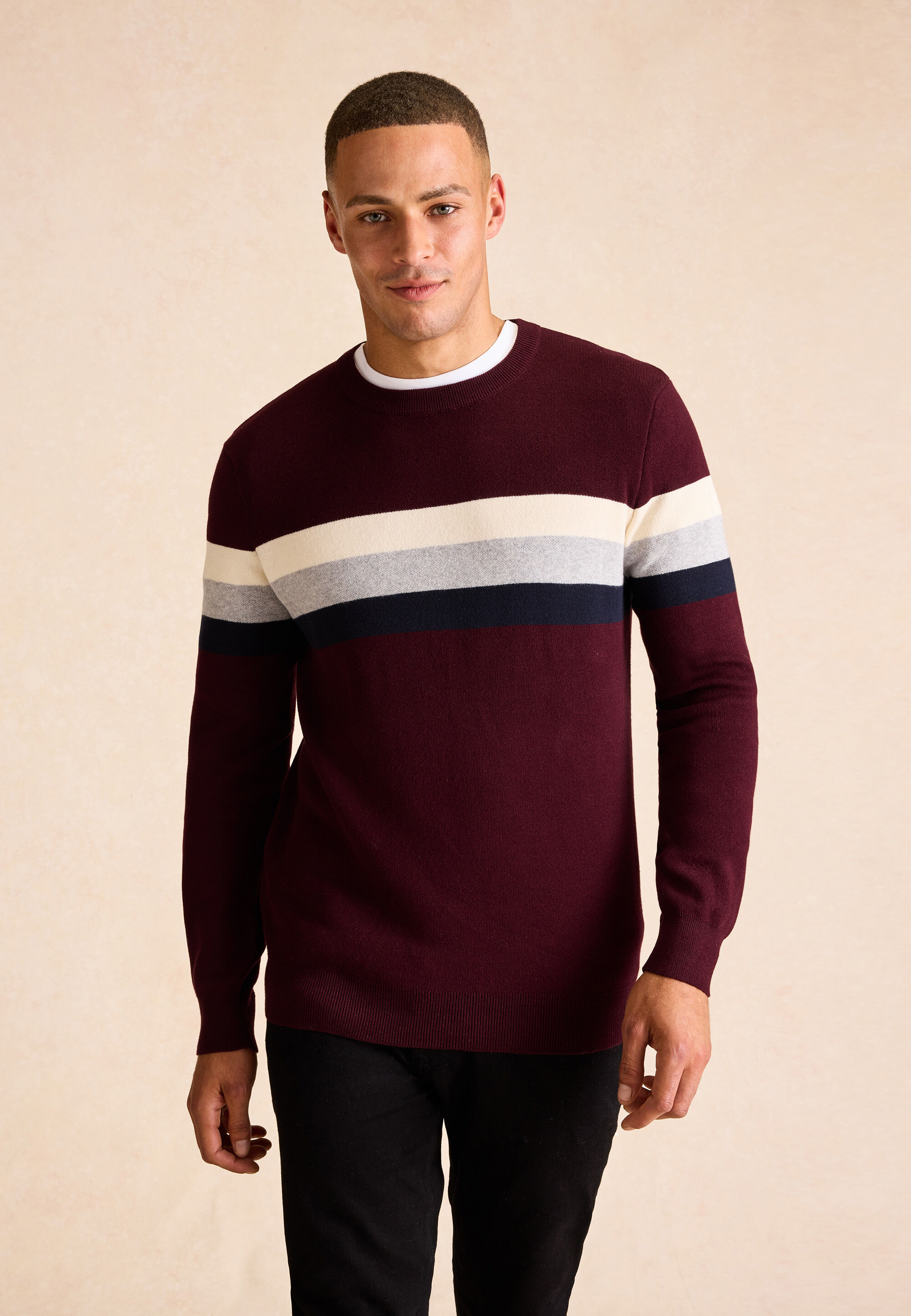 Mens Burgundy Stripe Colour Block Jumper
