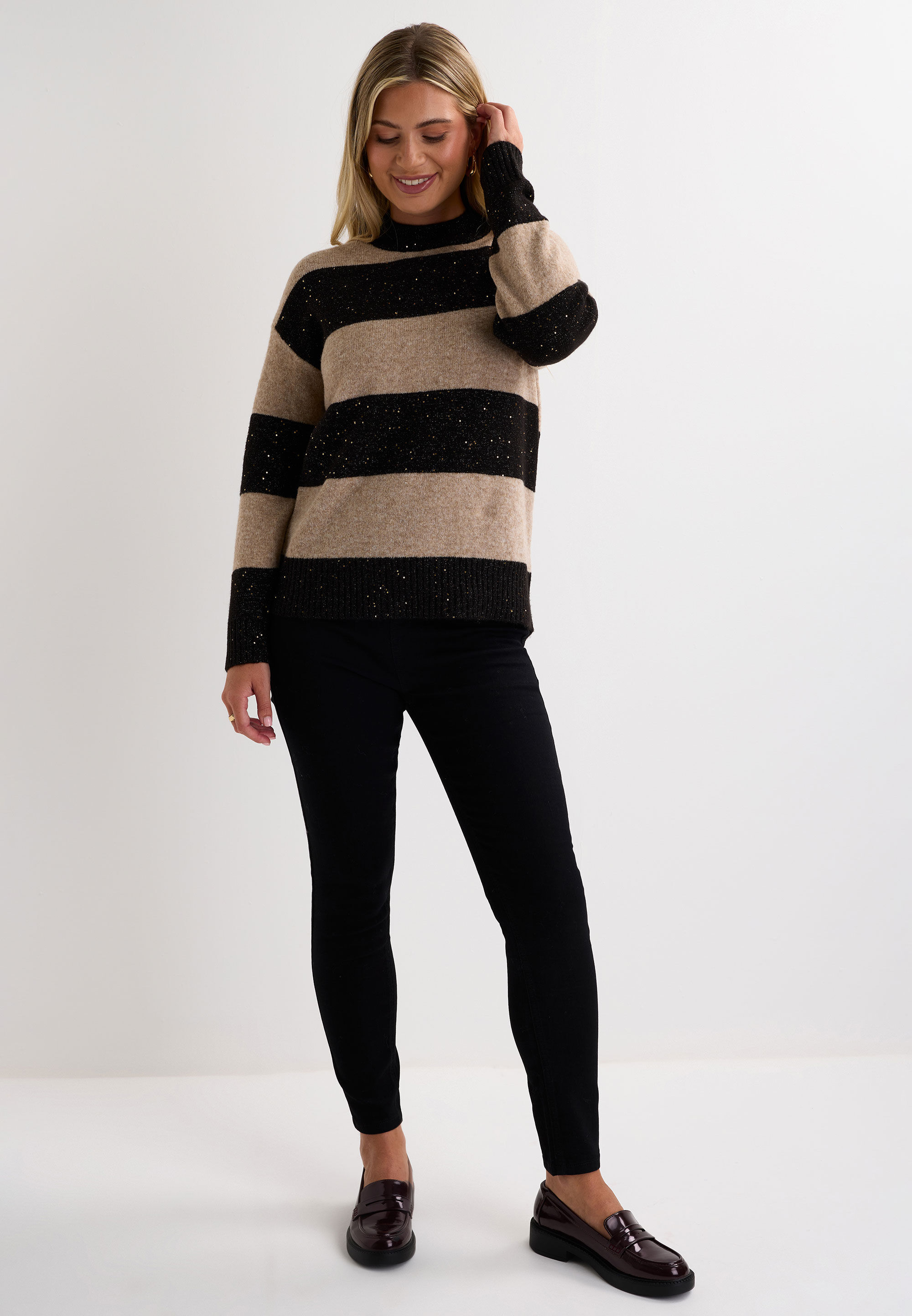 Womens Black Gold Sequin Stripe Jumper