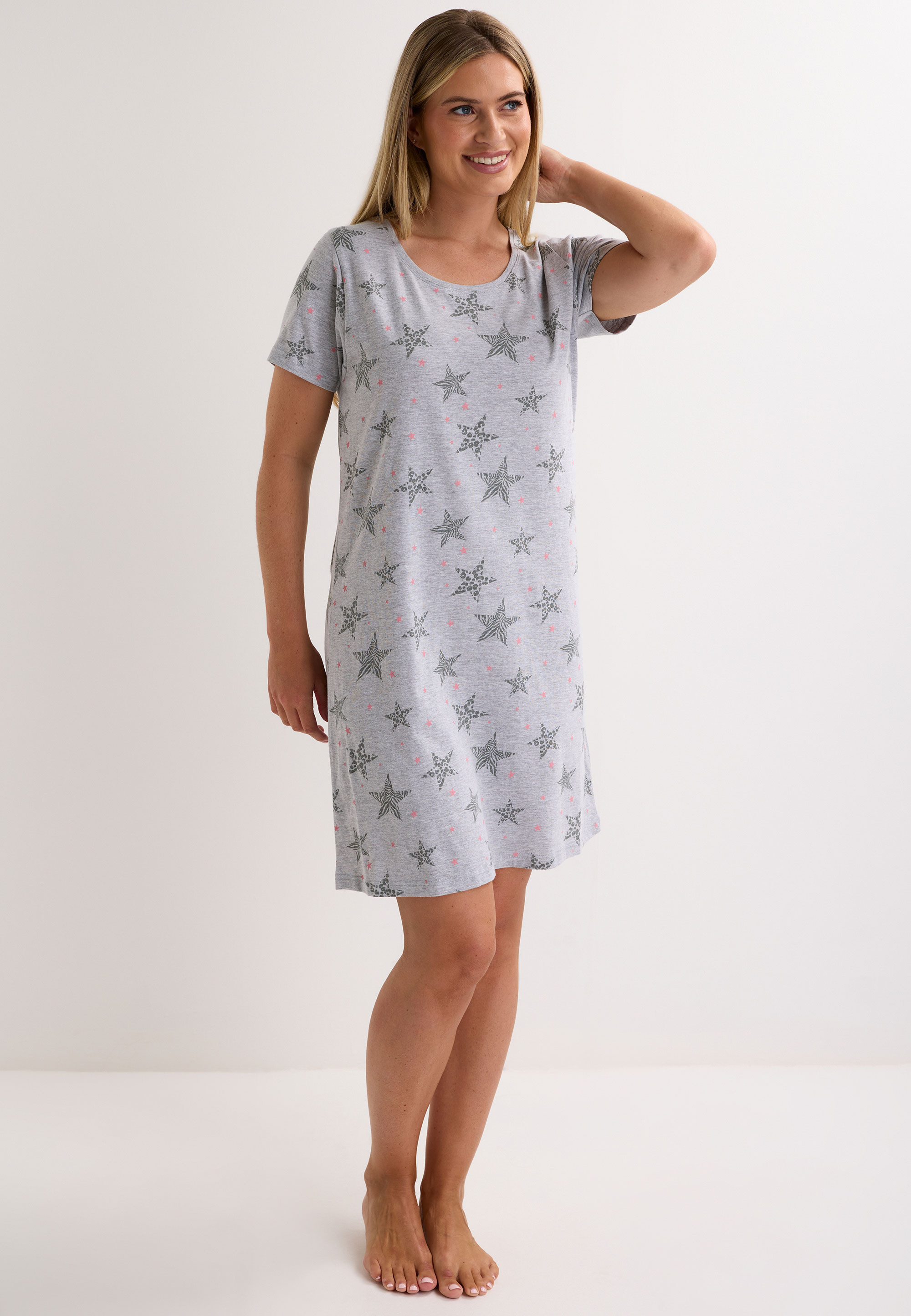 Womens Grey Star Print Short Sleeve Nightdress