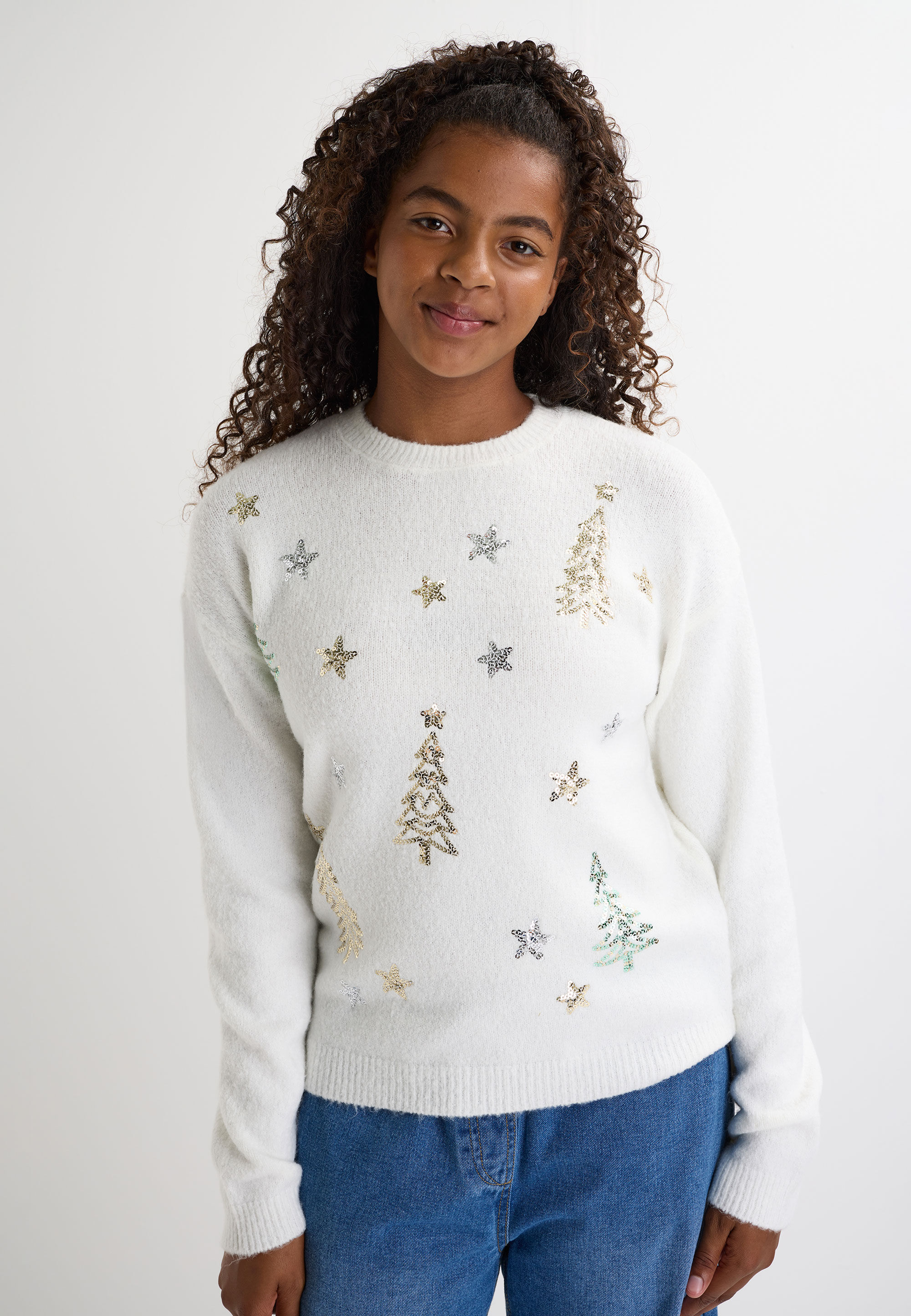 Older Girls Cream Sequin Christmas Tree Jumper
