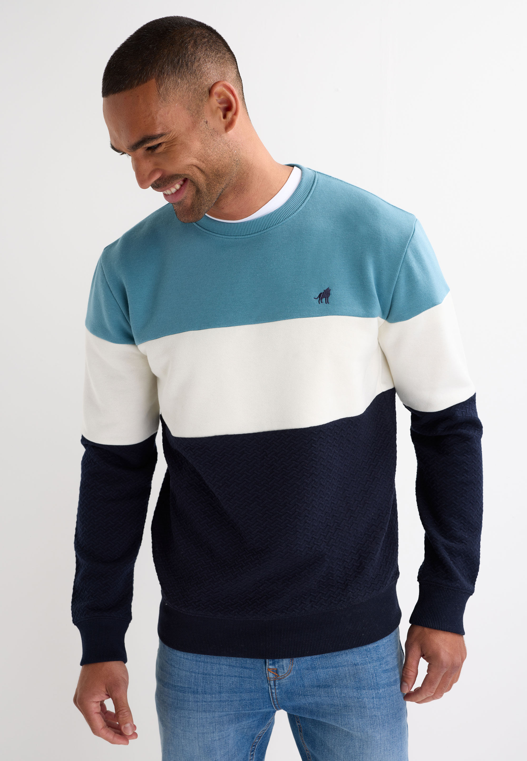 Mens Aqua Colour Block Crew Neck Sweatshirt