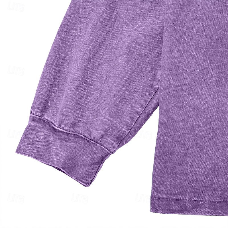 Men's T Shirt Henley Shirt Denim Acid Wash Long Sleeve Henley - Purple