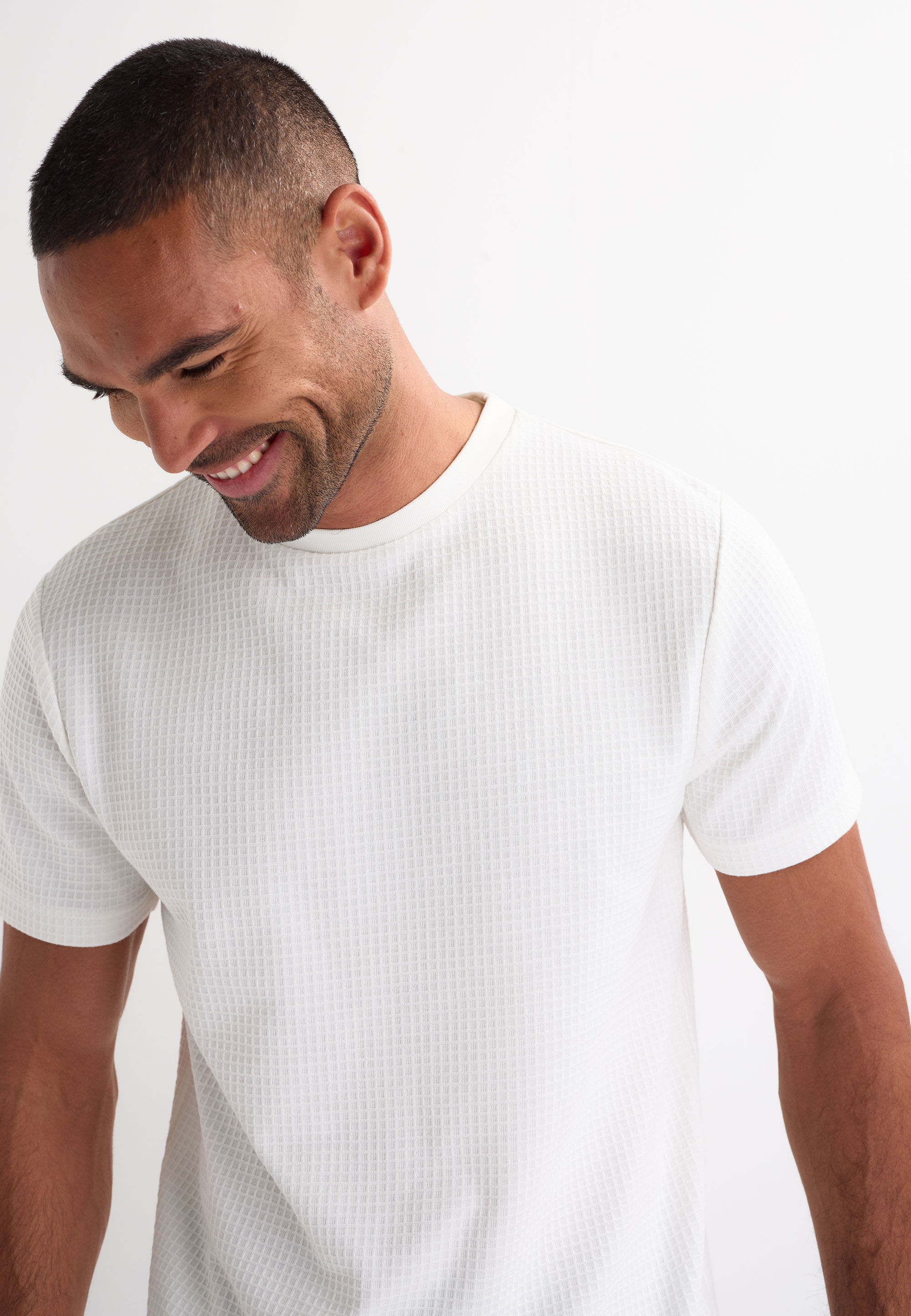 Mens Ecru Cotton Waffle Textured T-Shirt
