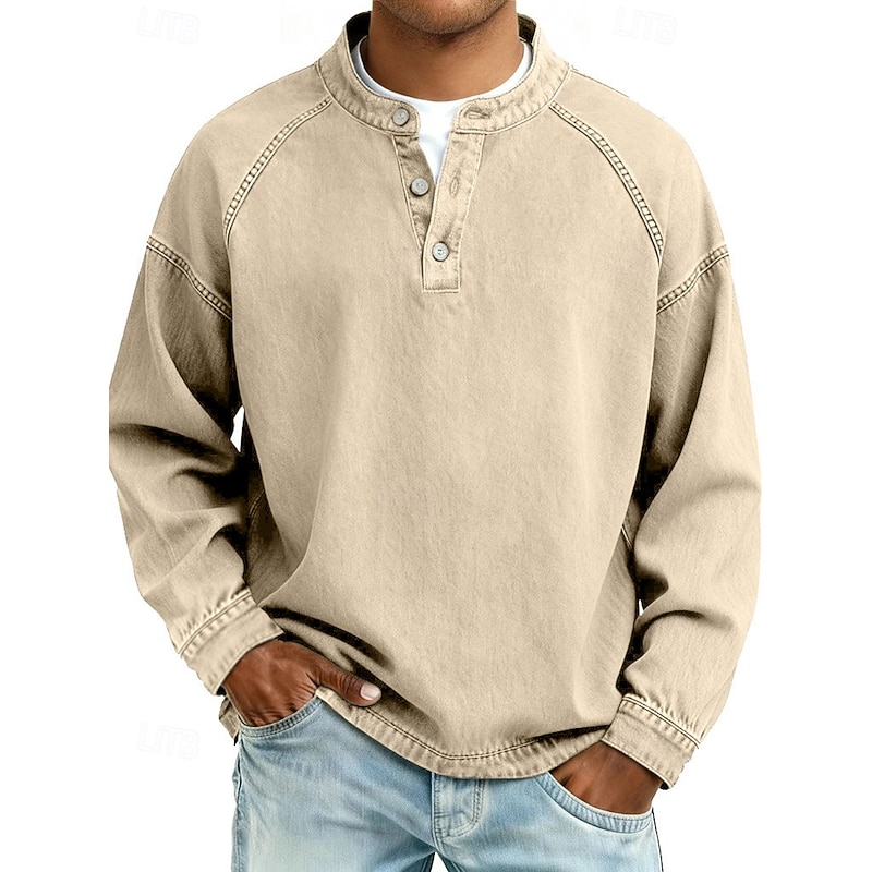 Men's T Shirt Henley Shirt Denim Acid Wash Long Sleeve Henley - Khaki