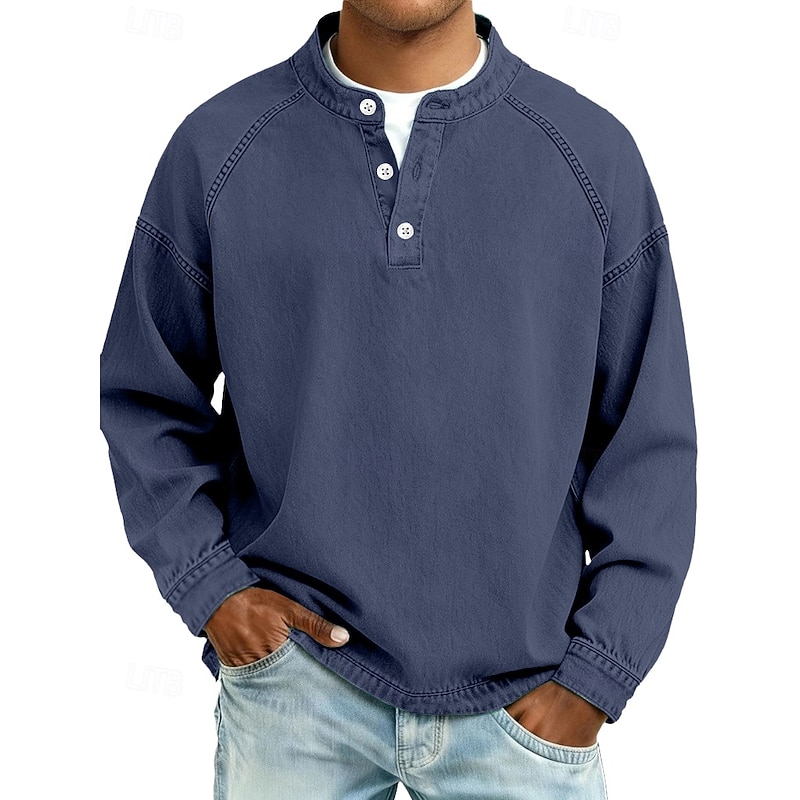 Men's T Shirt Henley Shirt Denim Acid Wash Long Sleeve Henley - Dark Blue