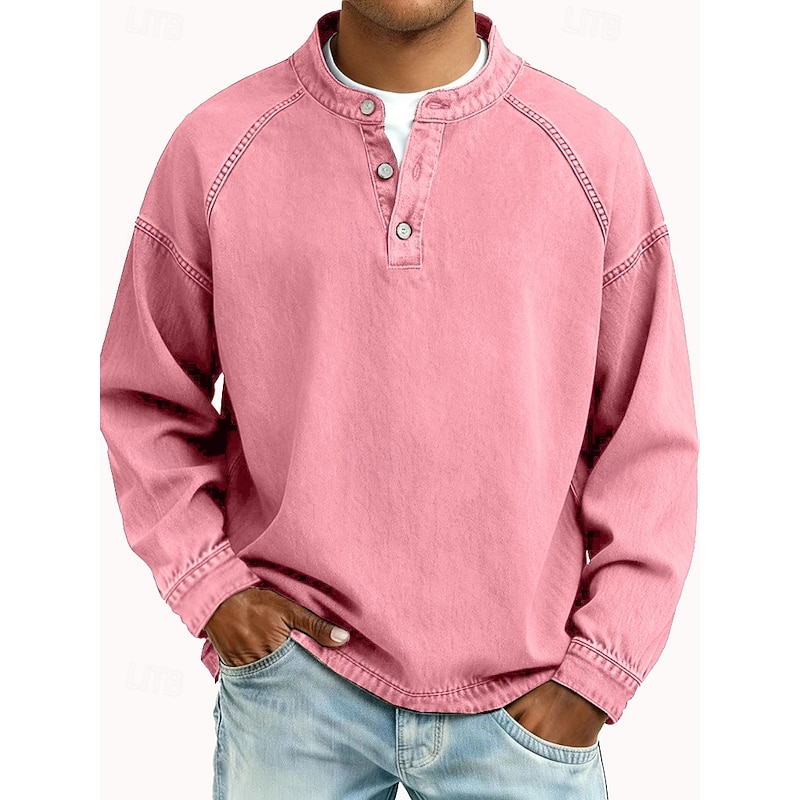 Men's T Shirt Henley Shirt Denim Acid Wash Long Sleeve Henley - Pink