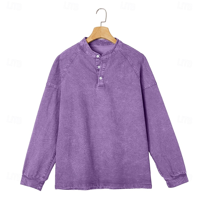 Men's T Shirt Henley Shirt Denim Acid Wash Long Sleeve Henley - Purple