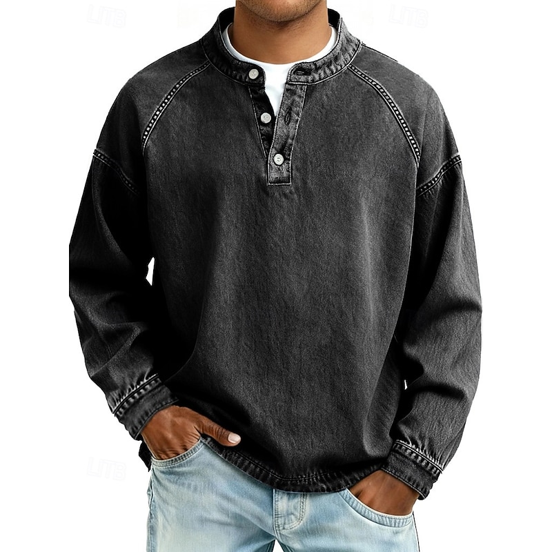 Men's T Shirt Henley Shirt Denim Acid Wash Long Sleeve Henley - Black