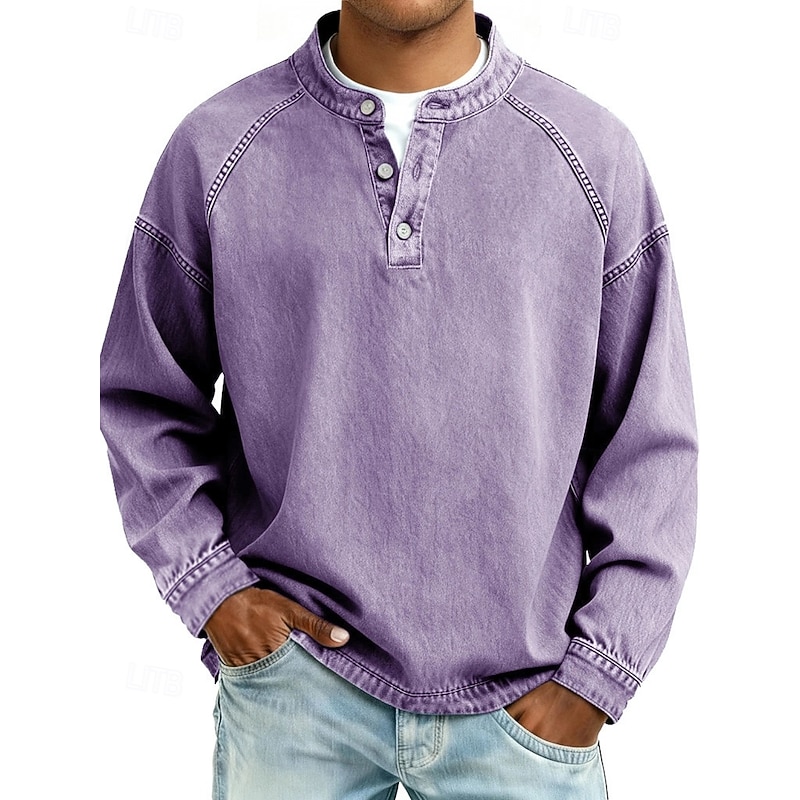 Men's T Shirt Henley Shirt Denim Acid Wash Long Sleeve Henley - Purple